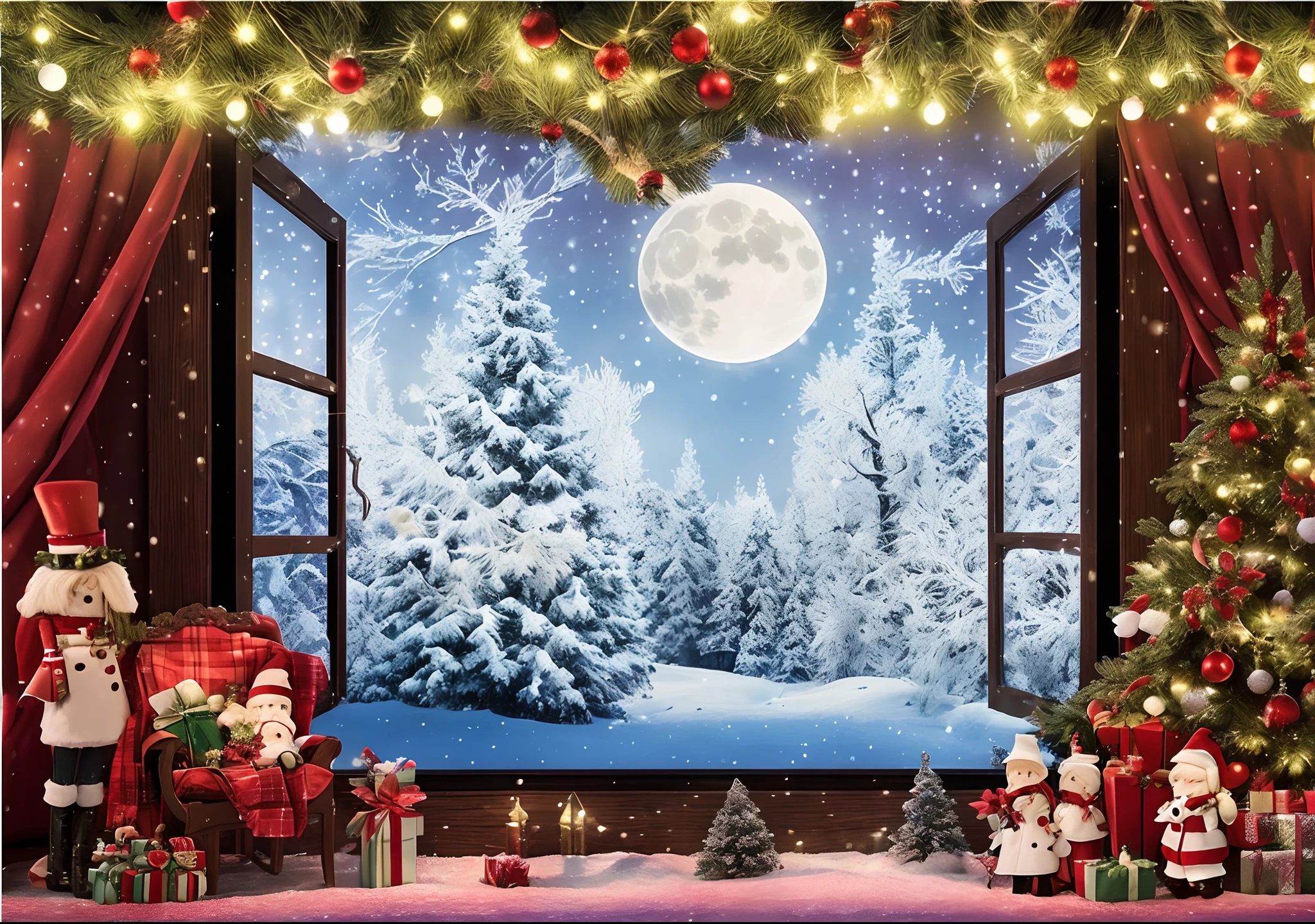 snowy winter christmas night, janelas,Christmas tree,Doll soldiers,festivity, Christmas evening, amazing background, magical scene, fantasia de cena de inverno, 8K, 8 k'', foreground background, hd —h 1024, hight decorated, 2023 4K, !!Beautiful!!, Very detailed background, moonlight snowing