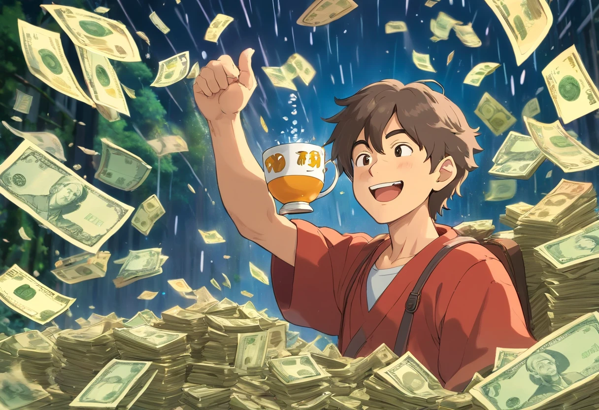One Man,Smiling,Relaxing,goodlooking,Middle Age,Before PC,A lot of banknotes are falling like rain behind him,Holding the cup in your hand,Lots of wad、Bright image、Clear facial expressions