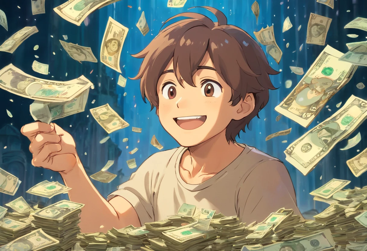 One Man,Smiling,Relaxing,goodlooking,Middle Age,Before PC,A lot of banknotes are falling like rain behind him,Holding the cup in your hand,Lots of wad、Bright image、Clear facial expressions