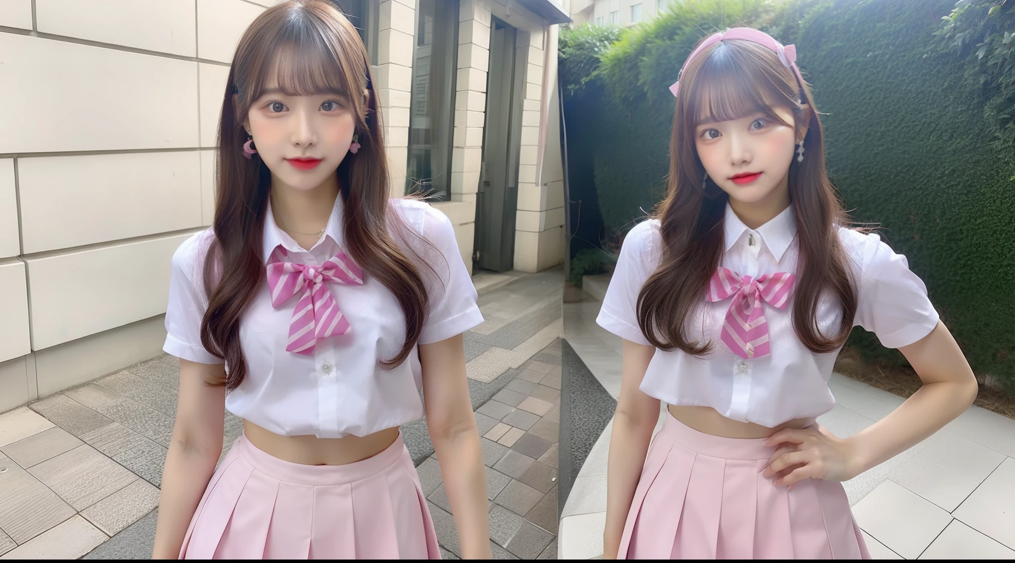 High school girl in shirt and pink mini skirt