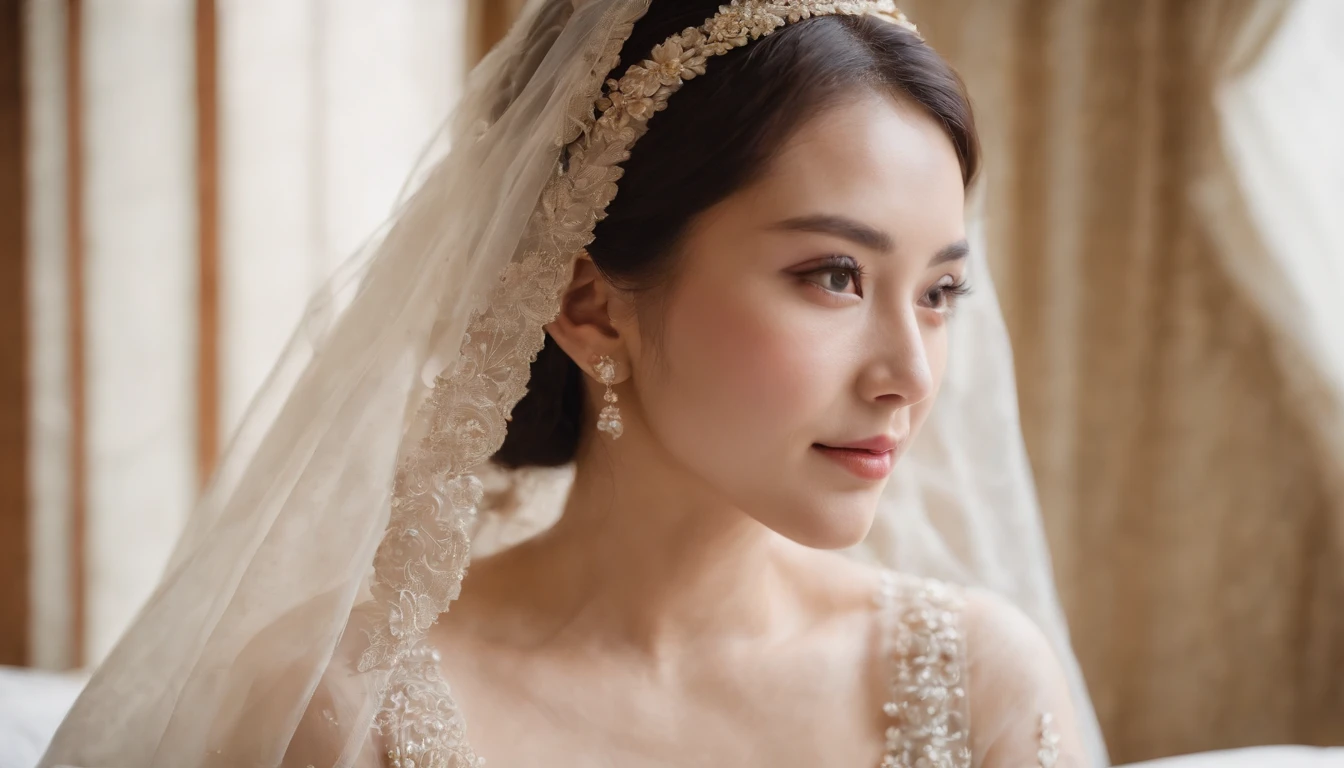 Japanese wedding fashion pattern,Wear a sari with a veil,Happy expression on face, Detal Face, Extremely realistic, 8K, insanely details, intricately details, Cinematic color graded, Sexual sexy, Big breasts and deep breasts, In bed sexy pose, On the bedroom bed