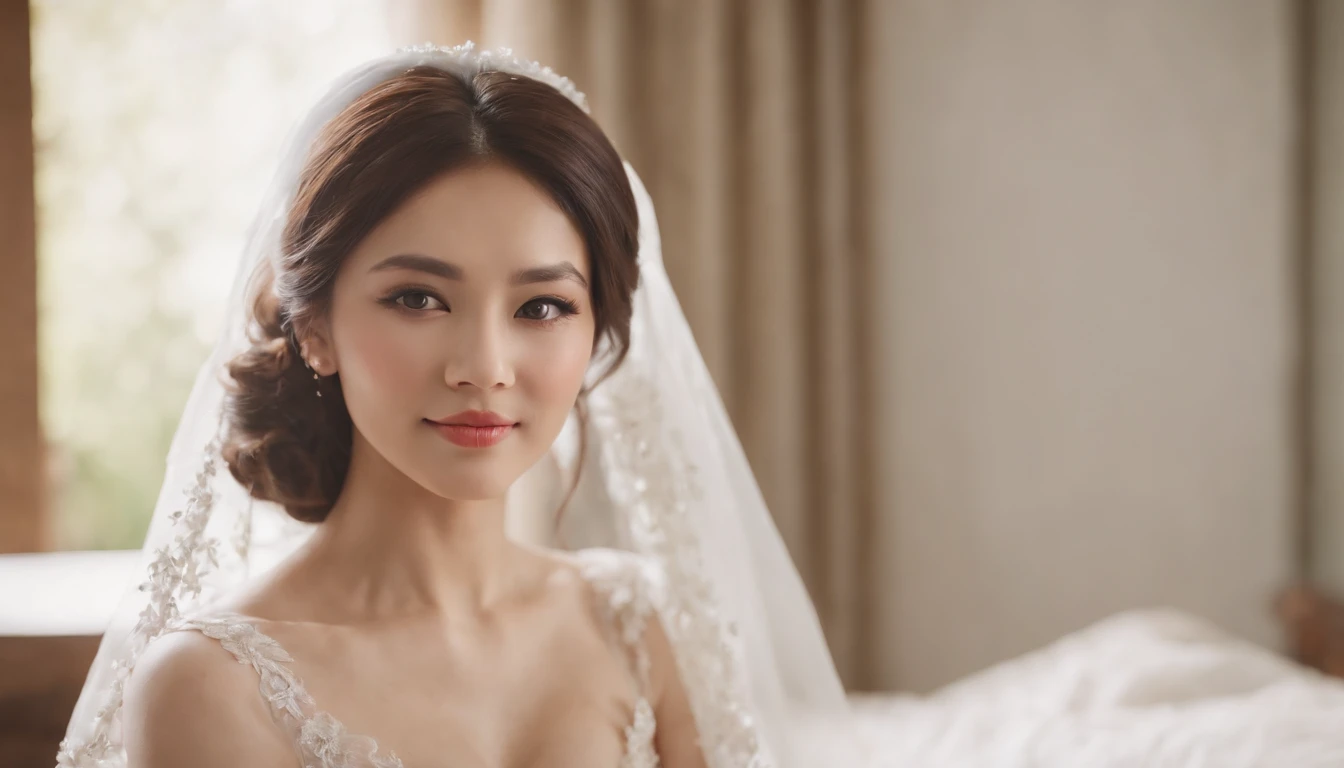 Japanese wedding fashion pattern,Wear a sari with a veil,Happy expression on face, Detal Face, Extremely realistic, 8K, insanely details, intricately details, Cinematic color graded, Sexual sexy, Big breasts and deep breasts, In bed sexy pose, On the bedroom bed