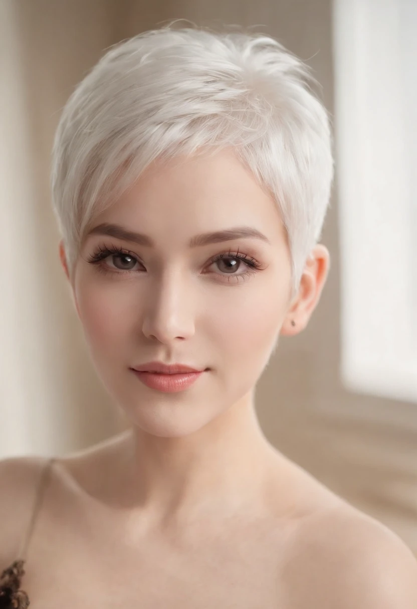 A tender negro girl, short white hair on her head, in transparent clothes, a beautiful sexy body, mini panties and a mini bra, against the background of a blurred interior, a sexy pose