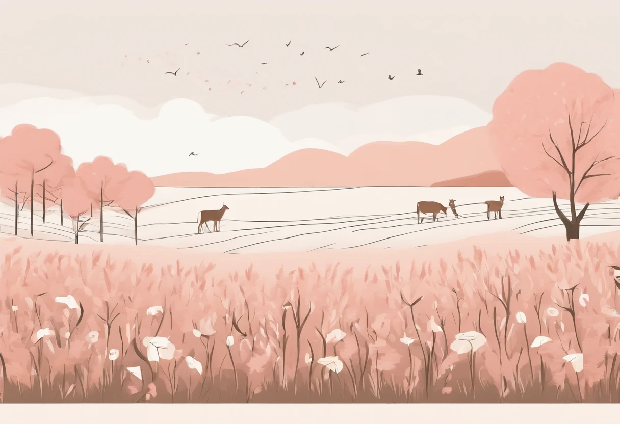 There are photos of various animals in a flower field, line art illustration, ln the forest, Hand drawn illustrations, pattern designs, Fantasy Forest
