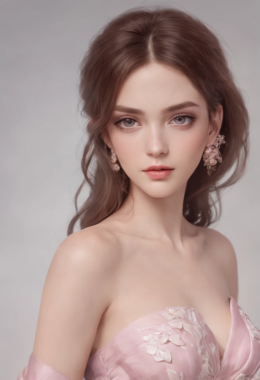 a closeup of a Caucasian woman in a pink striped dress posing for a photo, woman has very pretty eyes, wavy brown hair, she is wearing earrings, digital art from a digital painting, elegant and elegant, strapless dress, Art in the style of Guweiz, Loli de dressed, wearing an elegant dress, shy and demure, soft digital painting, in Bowater art style, detailed dress and face, Artgerm. high detail ,anime