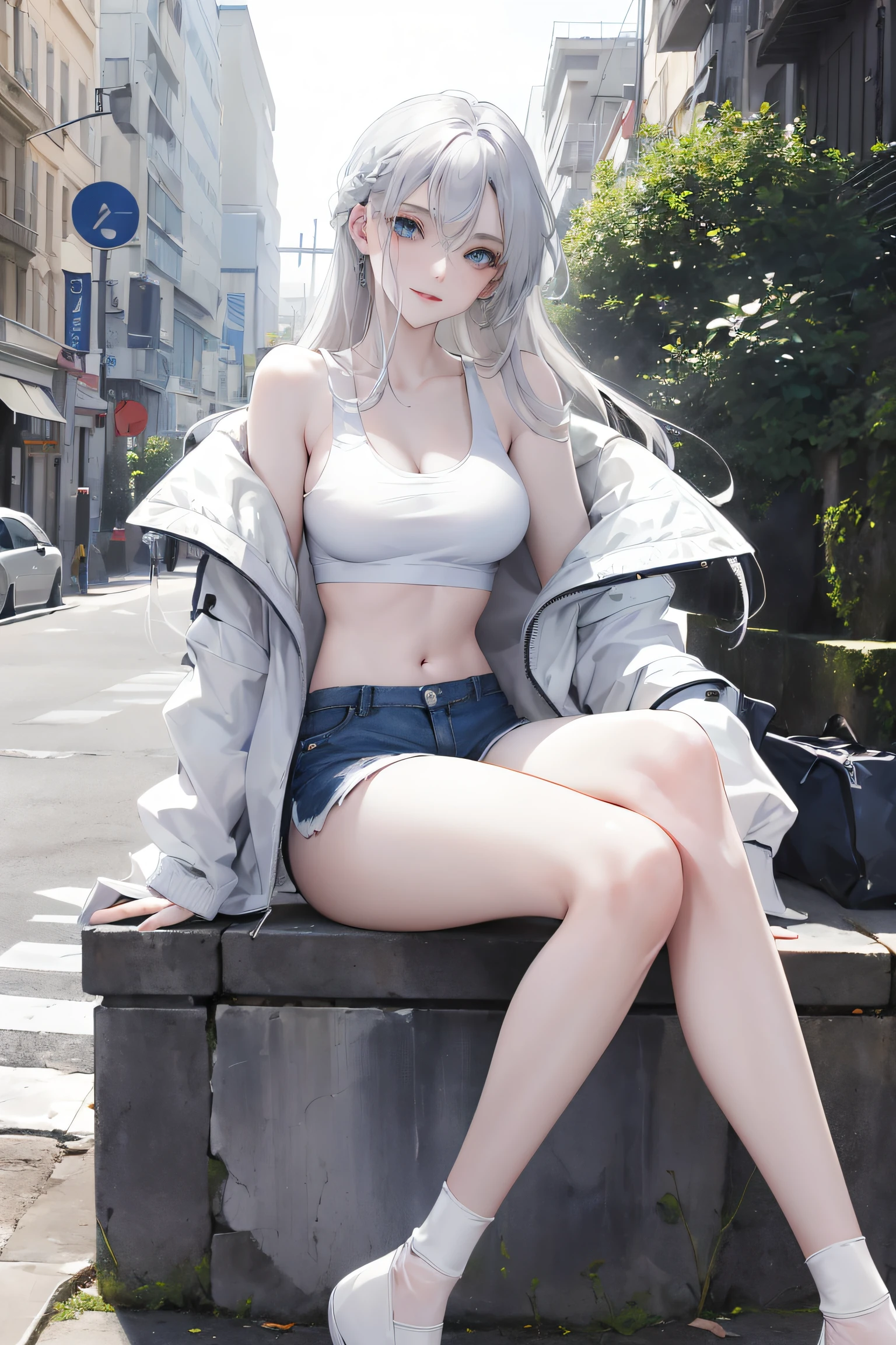 Official art, masterpiece, Sharp Focus, (Beautiful gorgeous woman:1.3), Gray hair, Long straight hair, Blue eyes, White Down Jacket, (White tank top), shorts, Street fashion, pale skin, crossed legs, Sitting at the wall, sexy facial expression, Dynamic Pose, Sexy smile, 20 years old