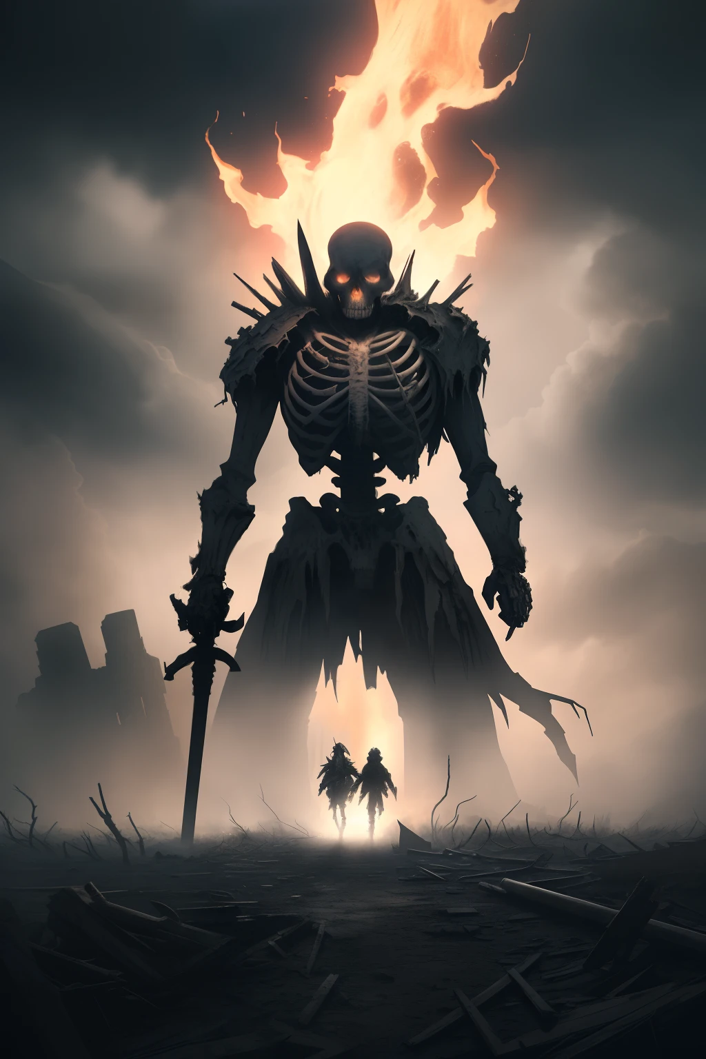 (skeleton warrior:1.1, standing with confidence),(apocalyptic world, post-apocalyptic),(massive battlefield),(huge sword pointed),(grim and dark atmosphere),(worn-out armor, tattered cape),(barren landscape),(ominous sky),(battle scars on his body),(intense shadows and highlights),(fire and smoke in the background),(eerie lighting),(desolate and abandoned surroundings),(ominous and foreboding),(tall and menacing),(sense of power and strength),(haunting and unsettling),(warrior's empty eye sockets),(cold and lifeless),(bleak and desolate),(air of destruction and decay),(ominous silence),(echoing footsteps),(dust and debris in the air),(hazy and desaturated colors),(ominous aura),(sense of impending doom),(ominous war cries in the distance),(fear and despair),(sense of mystery and unknown),(ominous presence),(eerie stillness and tension),(overwhelming sense of chaos),(battlefield littered with fallen soldiers),(artistically distressed and textured),(dynamic composition and perspective),(atmospheric and moody),(unyielding determination),(brooding and intimidating presence),(spectacular and grandiose),(powerful and awe-inspiring),(skilled and battle-hardened),(embodying the essence of death and destruction)