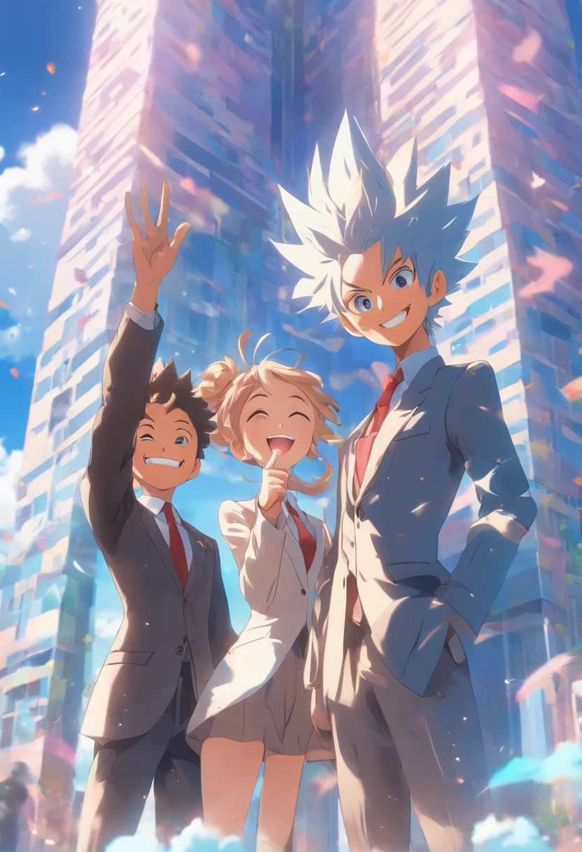 Two men and one woman in suits, celebrating with one hand waving upwards and smiling, behind a blue high-rise building with a blue sky and white clouds in the background,clay, in the style of soft and rounded forms,, magewave, website, bryce 3d, cute cartoonish designs