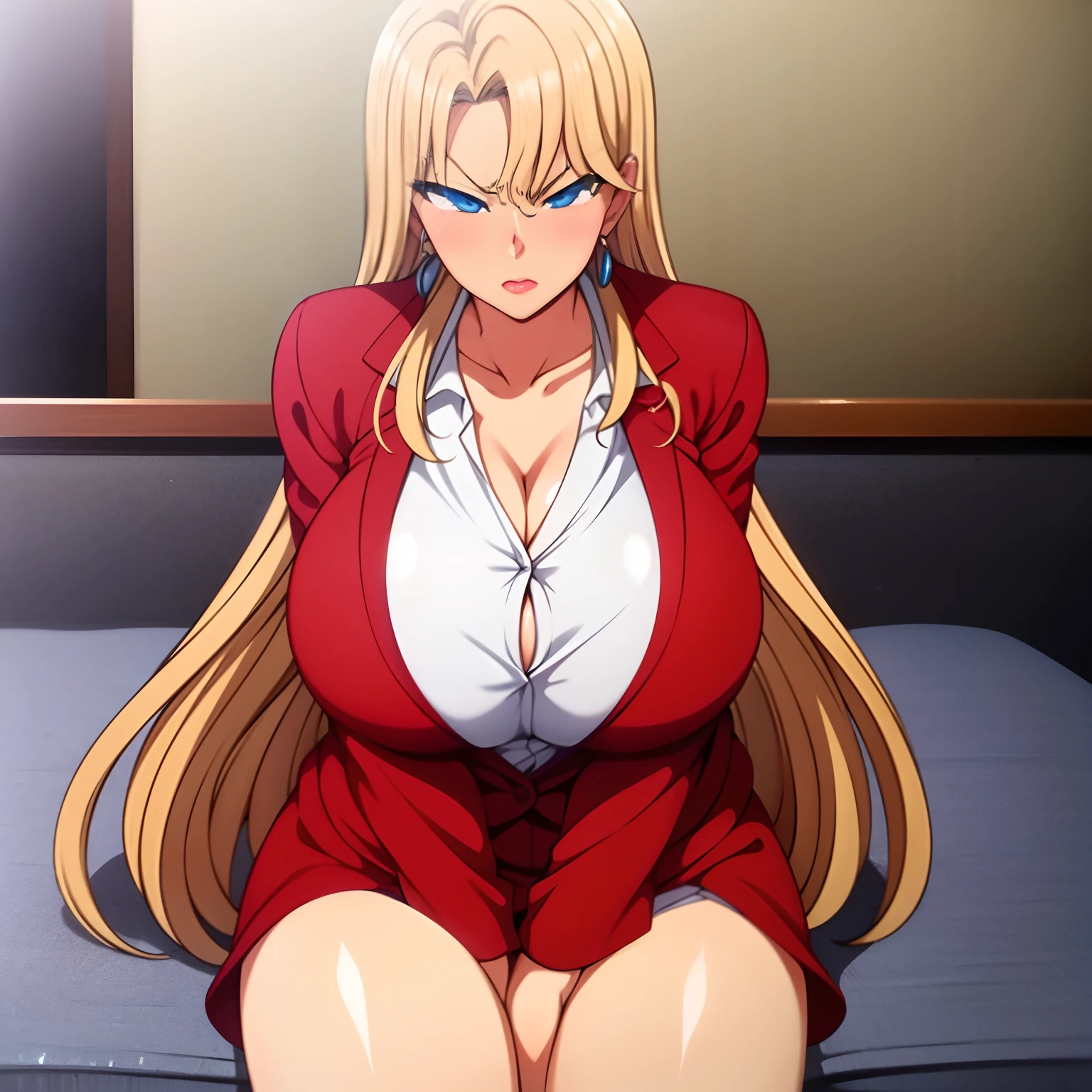 ((solo, 1 female)), mature female, masterpiece, best quality, (huge breast), long hair, yellow hair, blue eyes, blush, full body, indoors,  red jacket, serious face, angri face:0.8, sitting on bed