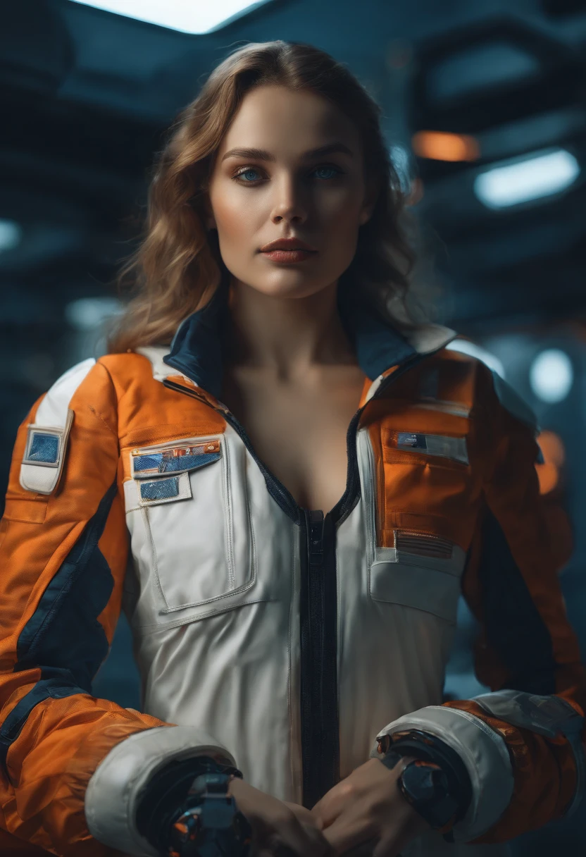 woman 25 years beautiful astronaut 1950 , deep blue eyes, clothes in orange color details in metallic white, cinematic, photo shoot, half backlight, backlight, dramatic lighting , Incandescent, Soft lighting, insanely detailed and intricate, hyper maximalist, arte no estilo de guweiz, elegant pose, dynamic, photography, volumetric , ultra detailed, intricate detail, super detailed obra-prima de guweiz, futuristic environment