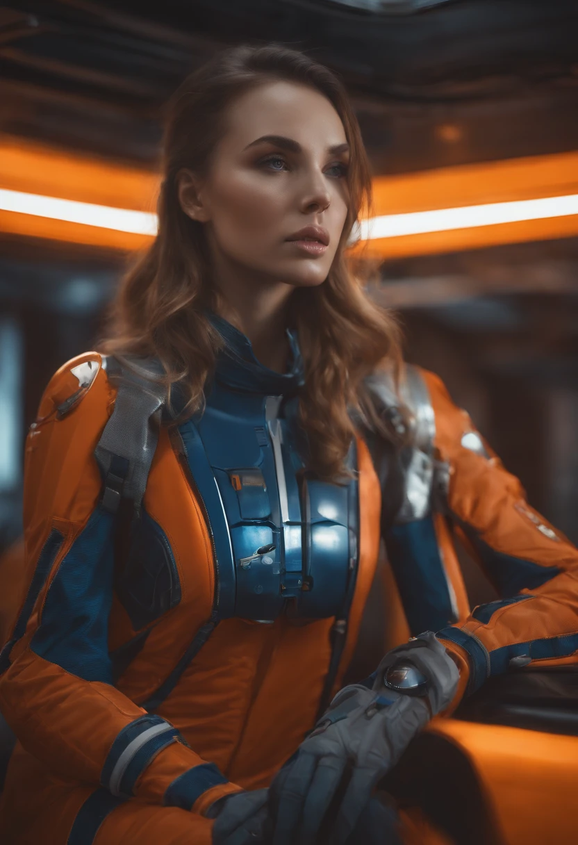 woman 25 years beautiful astronaut 1950 , deep blue eyes, clothes in orange color details in metallic white, cinematic, photo shoot, half backlight, backlight, dramatic lighting , Incandescent, Soft lighting, insanely detailed and intricate, hyper maximalist, arte no estilo de guweiz, elegant pose, dynamic, photography, volumetric , ultra detailed, intricate detail, super detailed obra-prima de guweiz, futuristic environment