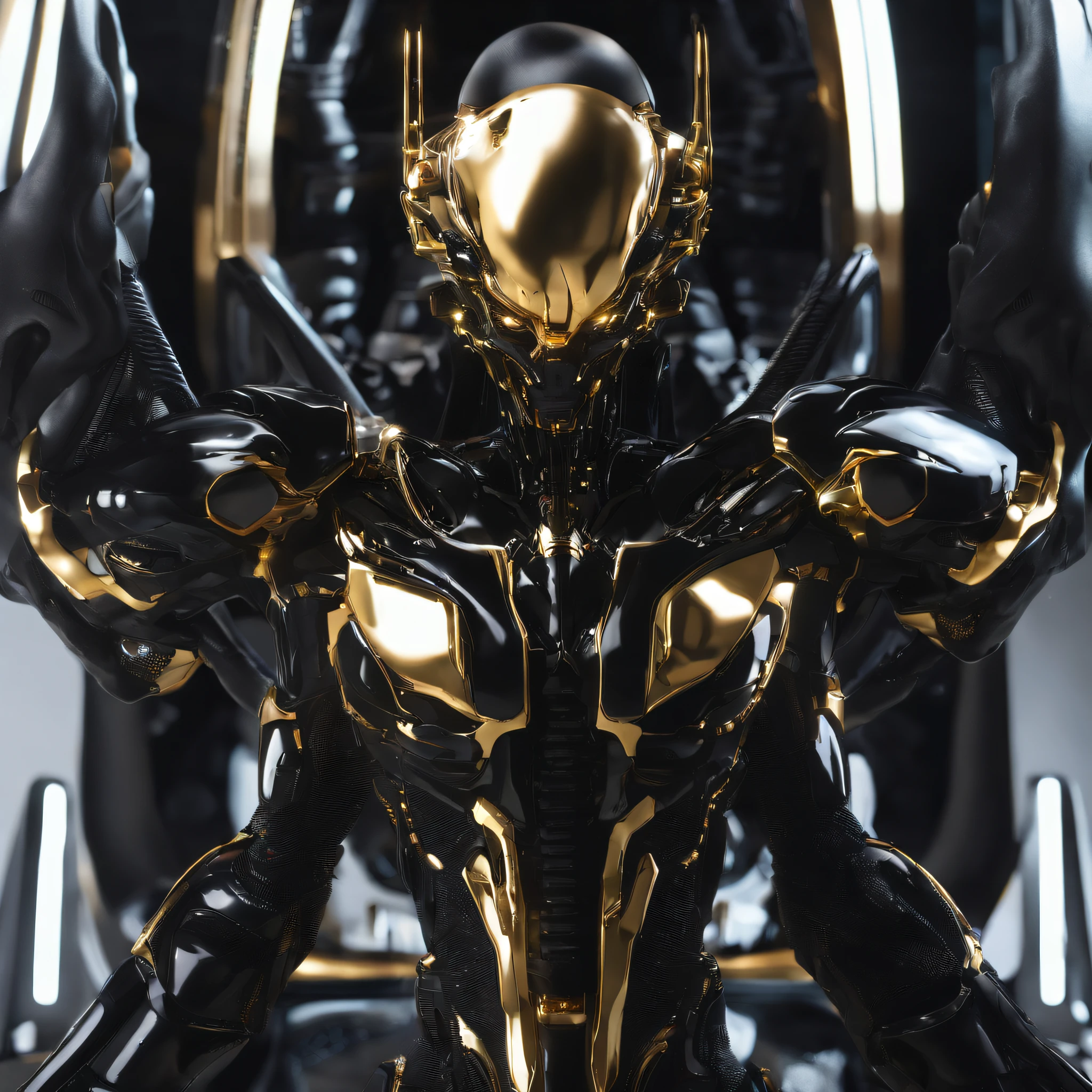 An alien,full bodyesbian,Humanoid,mechs,(Dressed in inky black/Mecha with golden zirconia ceramic surface:1.5),(((Hard surface properties))),(((streamlined line design))),It has refined features in a sci-fi environment,with light glowing, Sparks and lights, best qualtiy,tmasterpiece,Photorealsitic, Highly detailed, iintricate,unreal 5 render,