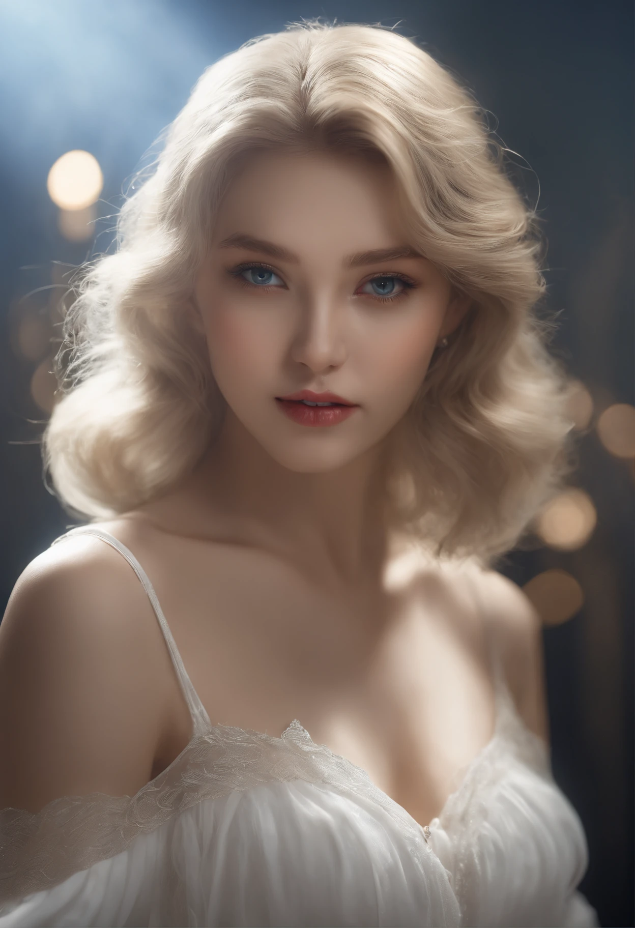bright expression、Young shiny shiny white shiny skin、Best Looks、Blonde reflected light、Platinum blonde hair with dazzling highlights、shiny light hair,、Super long silky straight hair、Beautiful bangs that shine、Glowing crystal clear attractive big blue eyes、Very beautiful nice cute 16 year old girl、Lush bust,Beautiful detailed eyes, beautiful detailed nose,(( Full body:1.5)),Makeup that the eyes emphasize、,(Women like Joan of Arc)、Royal style,Comic style, , Sub-surface scattering, ornate detail, nature backdrop, Hyper-realistic, ((Cinematic)), Dramatic Lighting, masutepiece、((Off-the-shoulder white shirt dress:1.4))、((Fight on the battlefield))、(Loose and fluffy perm:1.4)、1 girl in、((Bob Hair:1.3))、Ultra realistic 8K CG, Picture-perfect face, flawless, clean, masutepiece, Professional artwork, famousartwork, Perfect face, Beautiful face, Beautiful eyes, ((Perfect female body)), Solo,(Immersive atmosphere, Chiaroscuro:1.5,Bright light:1.2,Luminous lighting),(blush:0.5),fascinated expression,Extremely detailed_Eyes,thick thighs,Large breasts,beautifullydetailedbackground,depth of fields,Realistic:1.3, longshot,Sitting, Full body, (ambient lights:1.3),(Cinematic composition:1.3),(Neon light:0.1),(nffsw:0.1),Accent Lighting, pantyhose,((dynamicposes))、(Fascinate boldly:1.5)