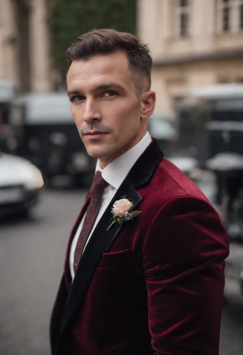 Cinematic photo, wide angle, of a handsom man, tall and fit, 40 years old, (shaven:1.4) , short curly brown hair. dark brown tight velvet suit, (the jacket has black flower patterns:1.2).a red Ferrari car in the  background, clean composition, strong details, Muted Colours, Hasselblad --style raw