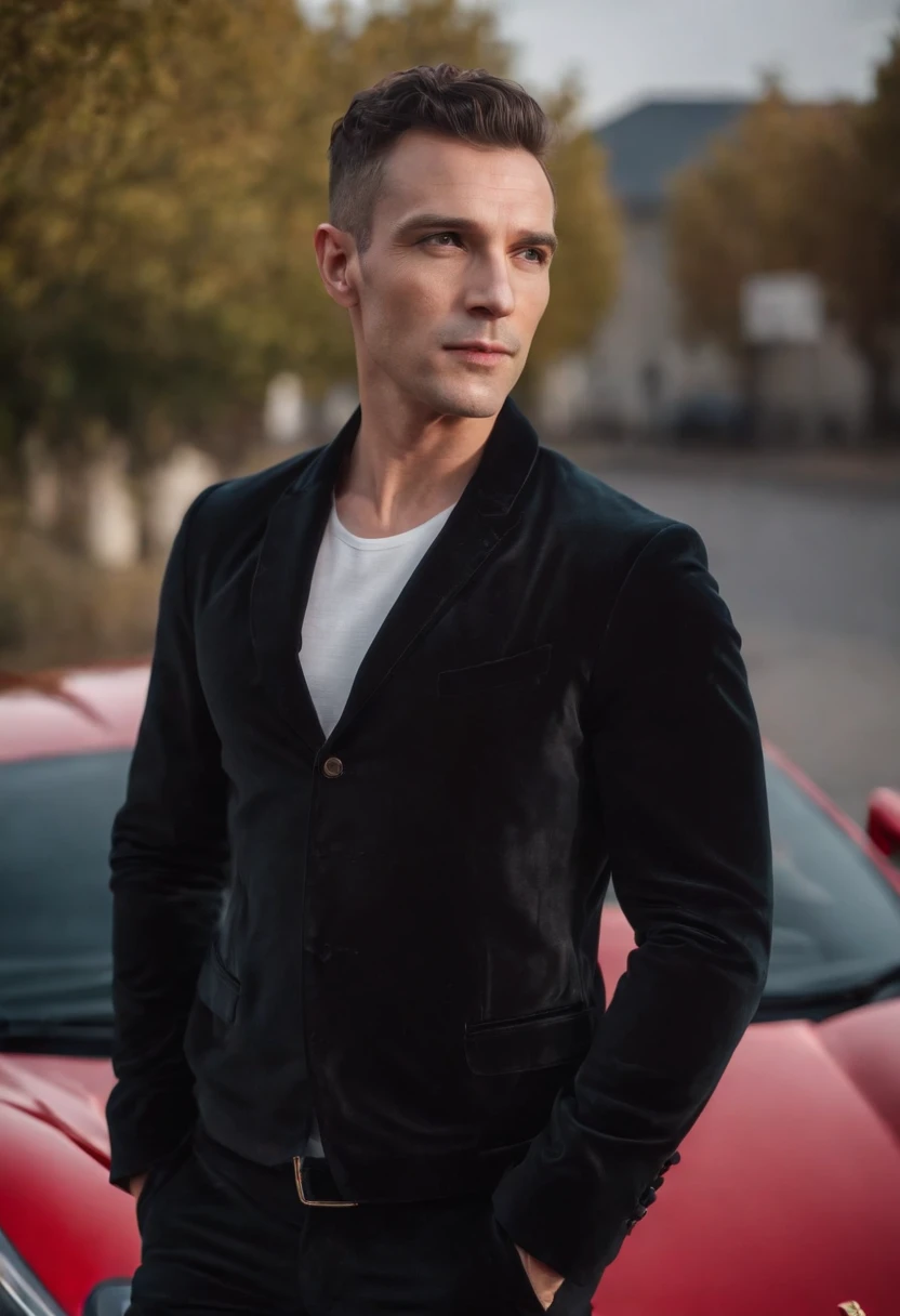 Cinematic photo, wide angle, of a handsom man, tall and fit, 40 years old, (shaven:1.4) , short curly brown hair. dark brown tight velvet suit, (the jacket has black flower patterns:1.2).a red Ferrari car in the  background, clean composition, strong details, Muted Colours, Hasselblad --style raw