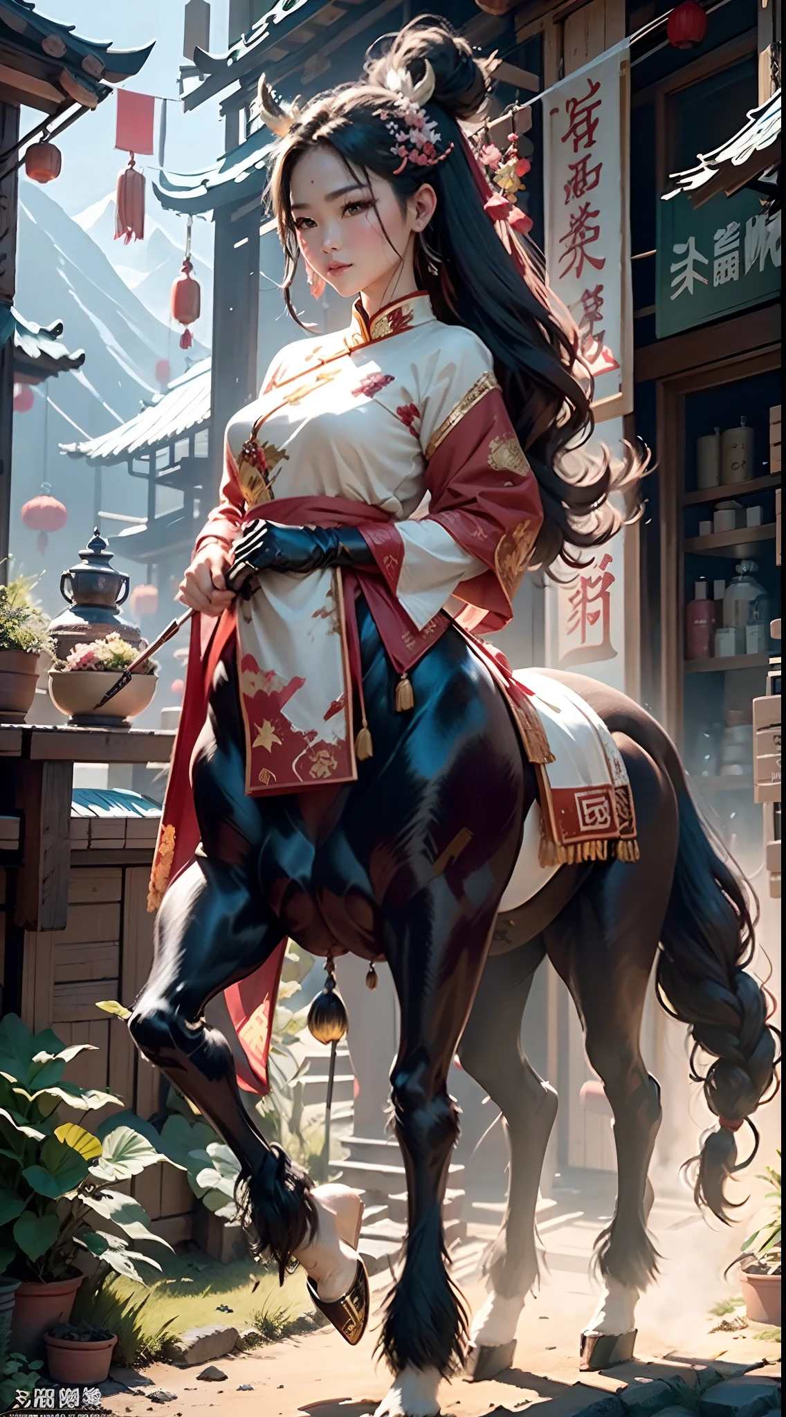 In a very grand scene，The extra-large wide-angle lens captures the appearance of a female centaur。She is tall，It has the ultimate curvy beauty，The muscles are slender and firm，Beautiful lines。Her facial features are tough and coquettish，（The top of the head grows huge white antlers9.9），Always with a sunny smile。She wears special equipment sponsored by Moutai Group，（It has the extra large Chinese character "Moutai" on it：9.9），Step on multifunctional off-road style heels。The detection equipment around you flashes various cue lights and neon-like information screens，All have Moutai's unique red and white design and Luckin's unique blue background white deer design，Let her exude a charming brilliance。Use Midjourney's premium brushes、Color Palette、Model package、Texture tools、Tools such as texture packs，（Costumes for female centaurs with the Chinese characters "Moutai" and the sponsorship logo unique to "Luckin" are designed：9.9），Highlight her unique physiological characteristics and appearance details，Add realism。And in her adventure scene，Spectacular views of nature，Such as the sky where storms and sunny days alternate、Brilliant rivers of stars and auroras、The snow-capped summit of Mount Everest、Fireworks in the mountain town, etc。ao mesmo tempo，Away from the hustle and bustle of Long Beach Pier is a neon-lit spaceship docked，Create a fantastic scene。Use Midjourney's advanced tools and multiple color palettes、Brush Strokes、Texture tools and model packages，It shows a sense of atmosphere where beauty and charm coexist。The charm of the female centaur is highlighted through color and lines，Enhance realism with detailing，Create a surreal dreamy feeling。Additionally，Use Midjourney's tools to add various drink utensils and to the female centaur（With "Moutai"、A cultural ornament with a logo with the "luckin" pattern：9.9），Create intricate hairstyles and outfits，Give her a sense of premium。She never flinches，Regardless of the terrain，can respond quickly，Even the extreme geography
