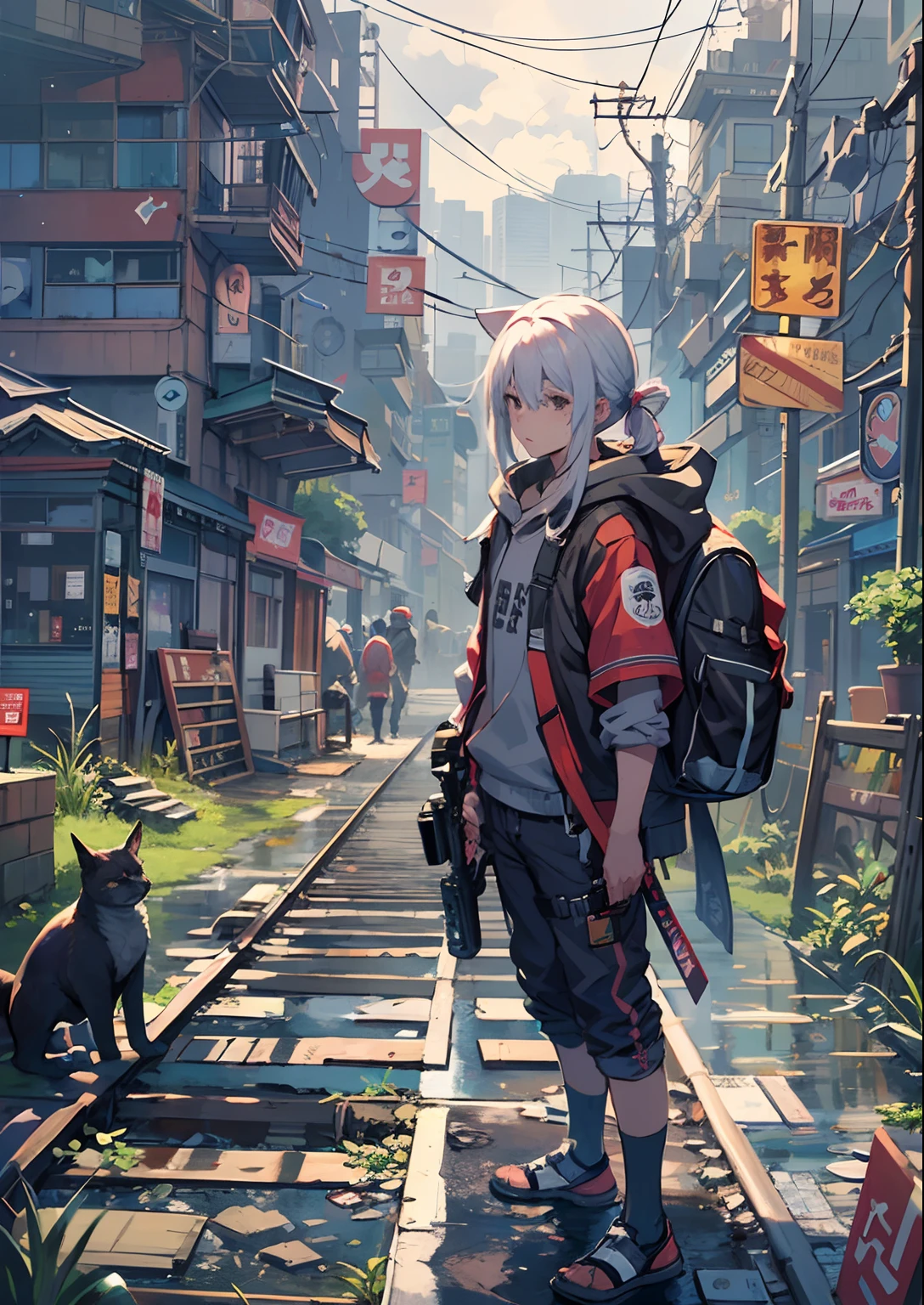 1boy,Man's ,Cyberpunk Boy、katanas,machine gun、Cat's ears、silber hair、poneyTail、Whole body bloody、The beginning of the adventure、during daytime、Into the cloud、contrail、ruined and devastated city、Complex Japan buildings、railroad crossing、Trees、Warm lighting、puddles、Good old Japan landscape、Beautiful and fantastic summer scenery、Cinematic scenery、hightquality、masutepiece,8K、hight resolution、ultra-detailliert,