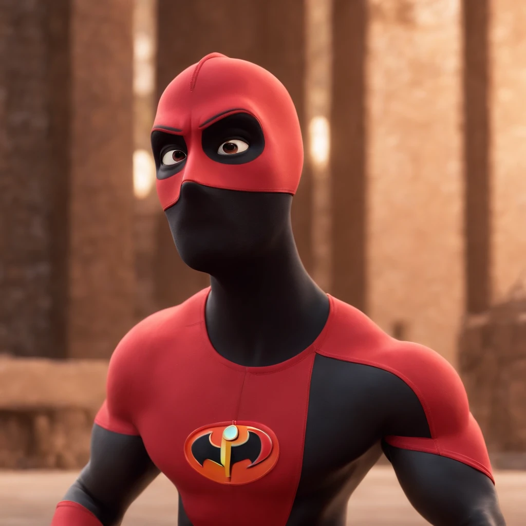 araffe in a red suit with a black mask and a black mask muscular Bob parr from the incredibles 2004 film, iconic film character, iconic character, early cgi, ideal pixar character, cgi animated, high detail iconic character, 9 0 s cgi, depicted as a pixar character, pixar octane render, professional cgi, still from a 2004 pixar movie, pixar renderman render, pixar. octane render, professional octane render, super detail.