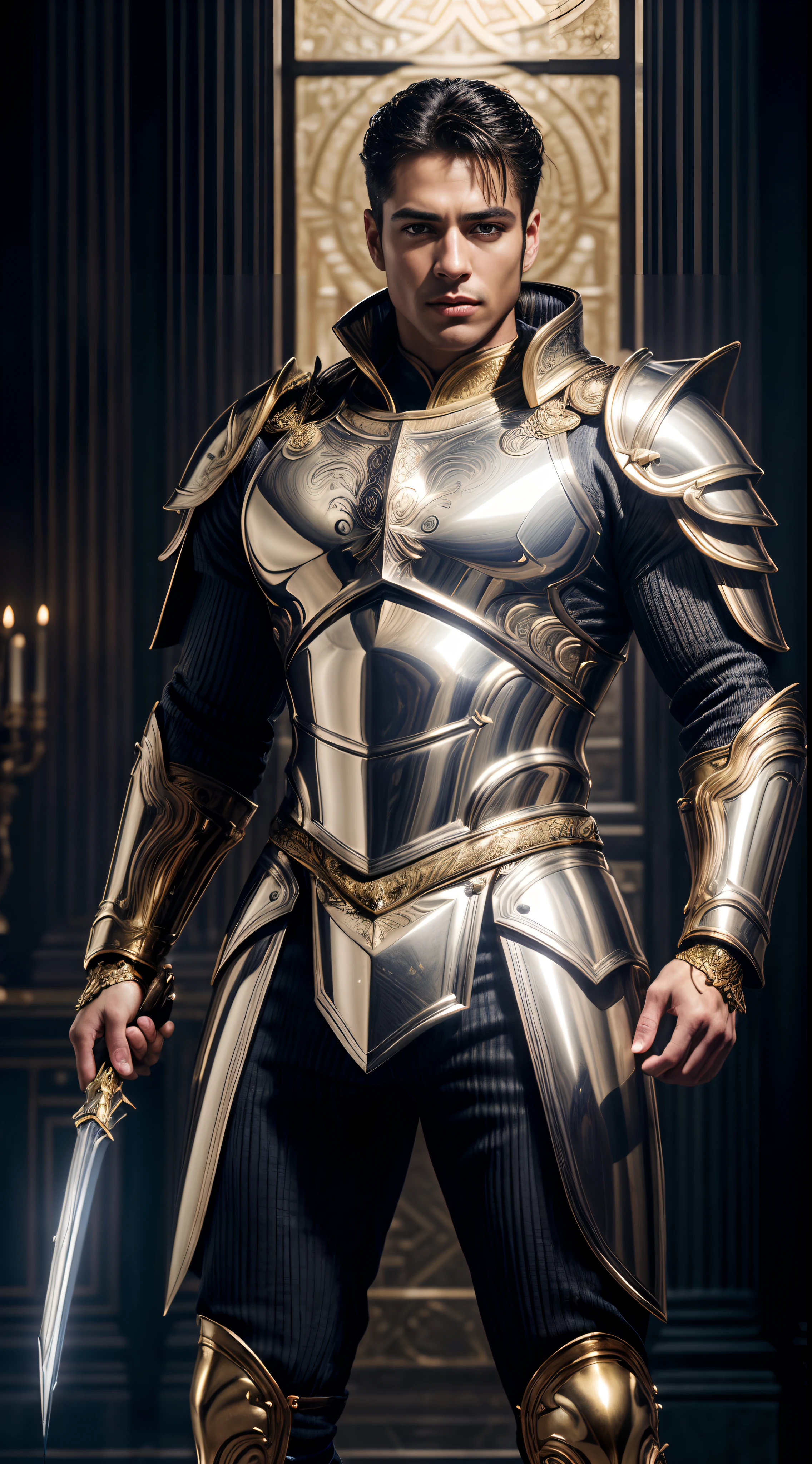 A photorealistic depiction of a (male) formidable warrior adorned in a gleaming suit of white and gold metal armor that exudes strength and opulence. The armor is immaculately polished, with a glossy finish that reflects the surroundings in remarkable detail. Every crease and contour of the armor is visible, showcasing the craftsmanship that went into its creation. The warrior stands with an air of confidence, ready for battle. The camera lens is a 135mm+, capturing the extraordinary level of detail in stunning 64K UHD resolution. The lighting is expertly controlled to emphasize the reflective qualities of the armor, creating a mesmerizing and lifelike image, (((masterpiece))), (high res), (photo realistic:1.4), (cinematic)
