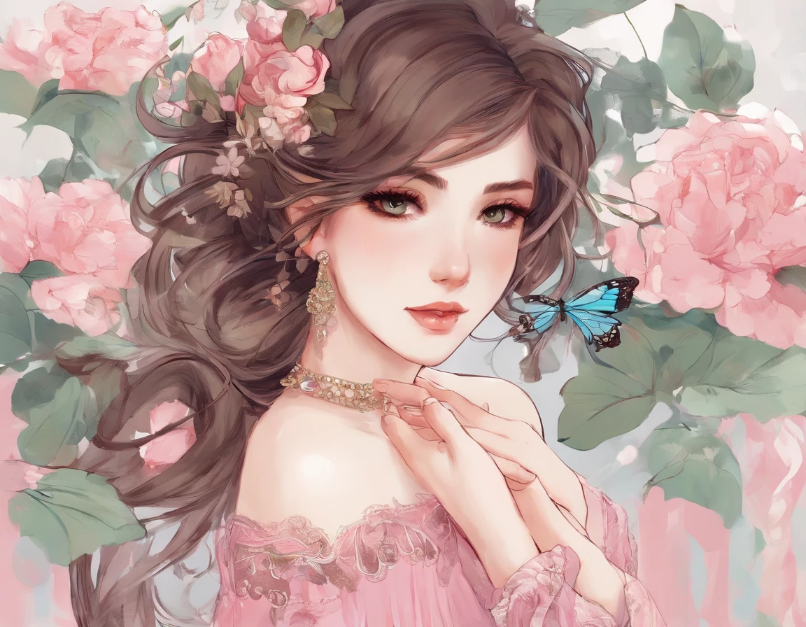 a closeup of a Caucasian woman in a pink striped dress posing for a photo, woman has very pretty eyes, wavy brown hair, she is wearing earrings, digital art from a digital painting, elegant and elegant, strapless dress, Art in the style of Guweiz,  de dressed, wearing an elegant dress, shy and demure, soft digital painting, in Bowater art style, detailed dress and face, Artgerm. high detail ,anime