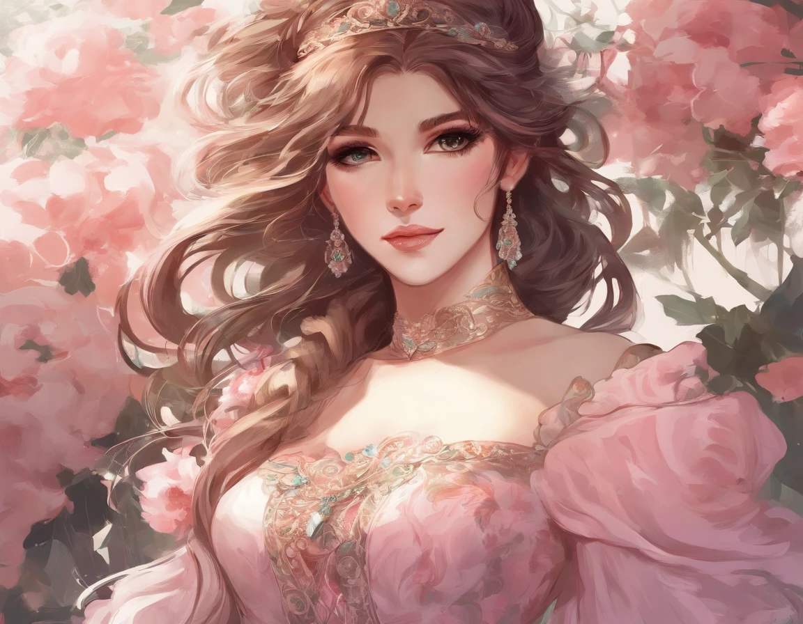 a closeup of a Caucasian woman in a pink striped dress posing for a photo, woman has very pretty eyes, wavy brown hair, she is wearing earrings, digital art from a digital painting, elegant and elegant, strapless dress, Art in the style of Guweiz,  de dressed, wearing an elegant dress, shy and demure, soft digital painting, in Bowater art style, detailed dress and face, Artgerm. high detail ,anime