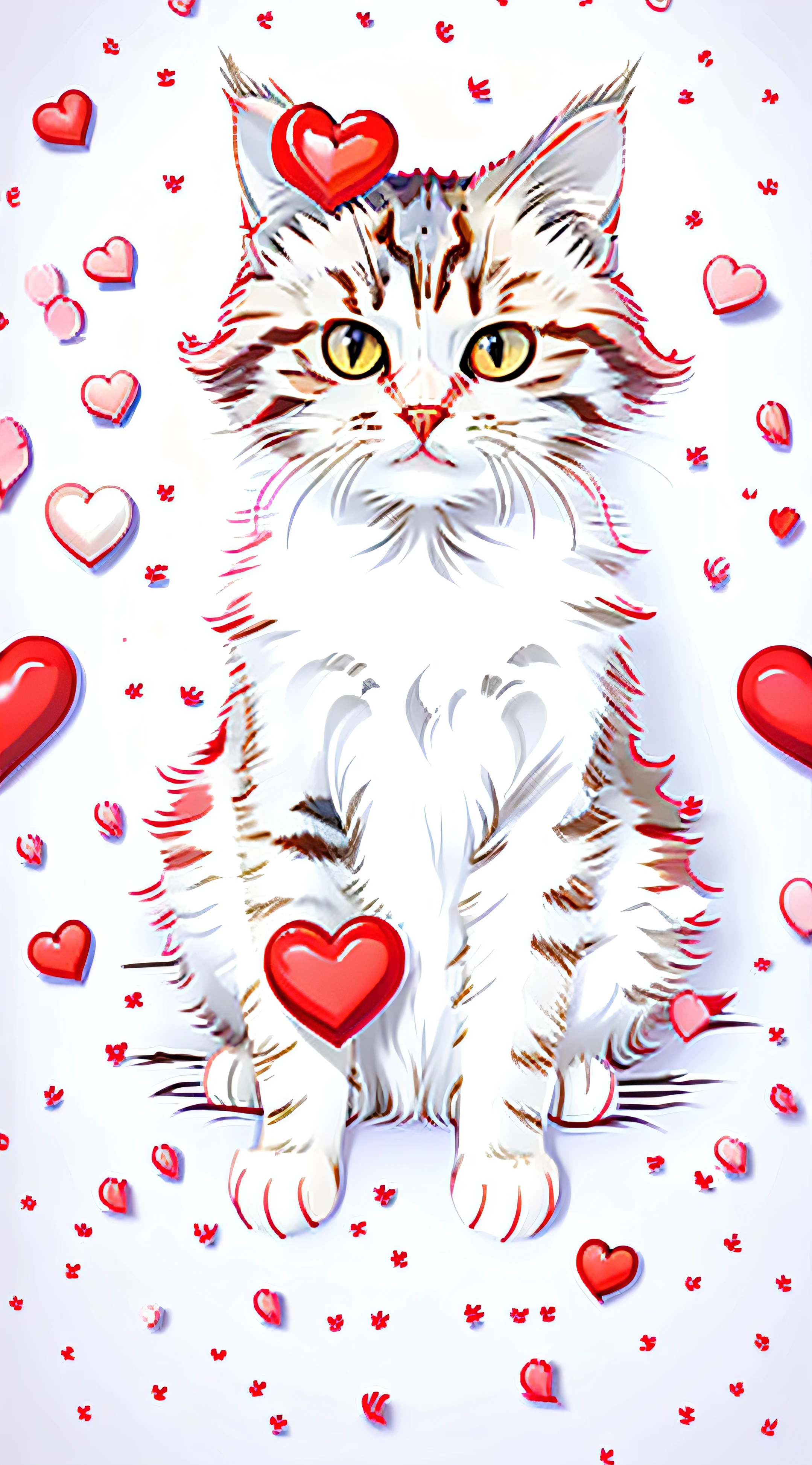 Close up of white background with red heart and cat, cute and lovely cat, kawaii cat, white background, black and white with red hearts