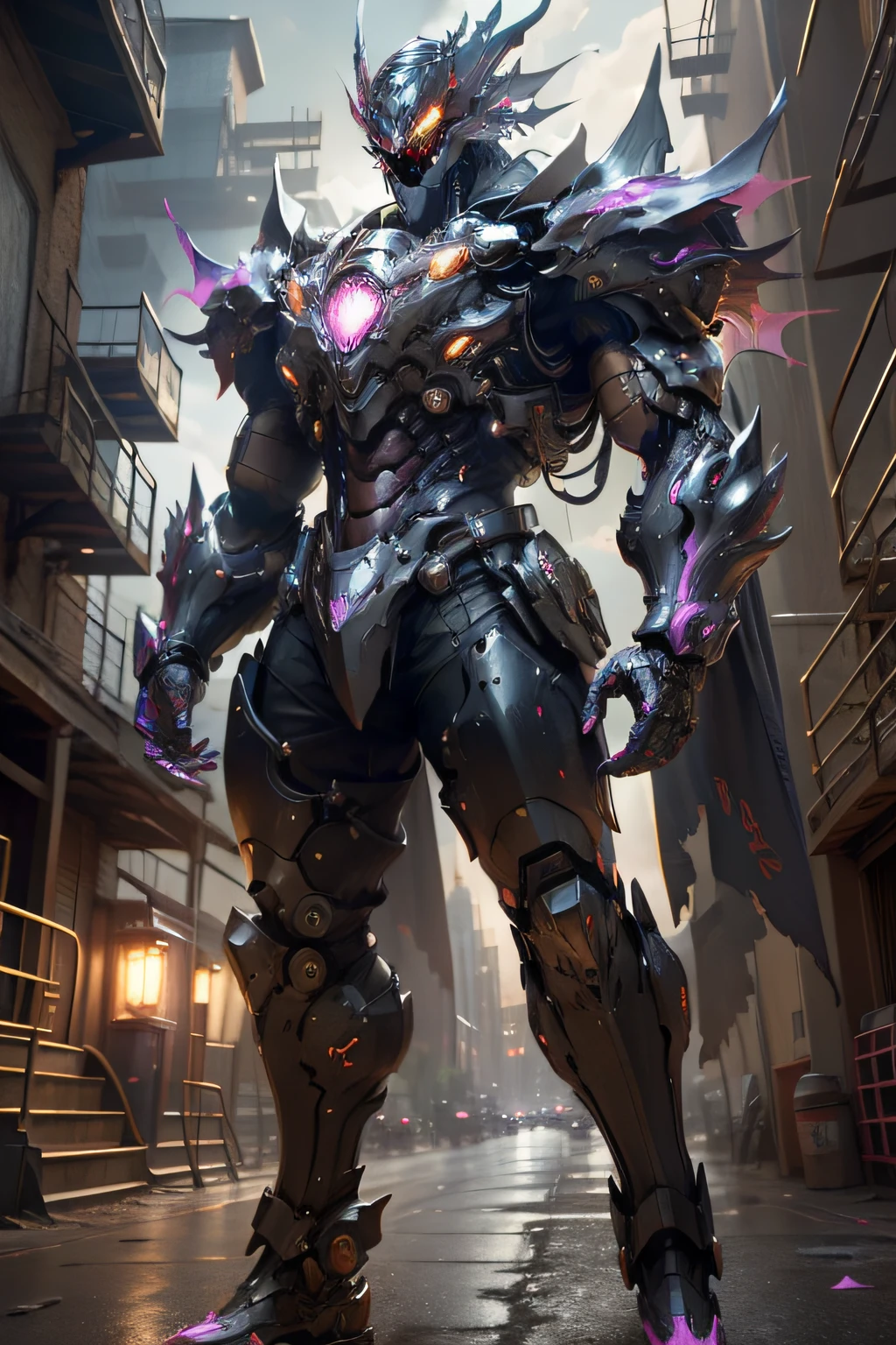(best quality,4k,8k,highres,masterpiece:1.2),ultra-detailed,(realistic,photorealistic,photo-realistic:1.37),man wearing full body mechanical armor,dragon style, glowing magenta armor,dragon theme armor,shiny armor,metallic texture,dynamic pose,fitting armor,reflective surfaces,laser-beam eyes,muscular build,cyberpunk style,high-tech details,gears and wires,joint movement,heroic stance,vibrant colors,emitting energy,grim expression,cybernetic enhancements,scaly dragon patterns,flaming wings,fiery breath,commanding presence,daunting appearance,menacing aura,battle-ready,illuminated from within,mythical creature inspiration,artistic rendition,light and shadow contrast,nighttime scene,powerful lighting,contrasting colors,dramatic atmosphere