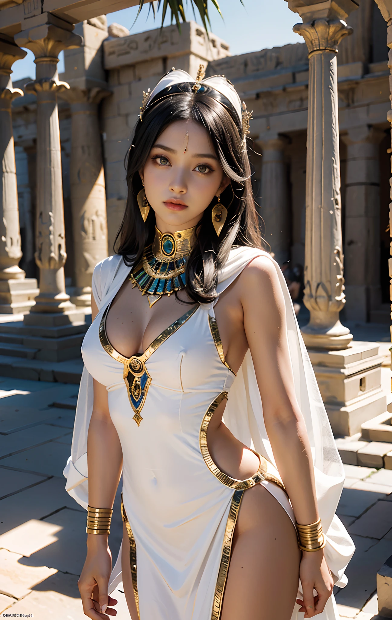 (Ancient Egyptian temples:1 girl with black hair,An Egyptian princess), tmasterpiece, best qualtiy, RAW photogr, realisticlying, the face, Incredibly Ridiculous res,, ear studs, (flowing long black hair),eye shadows,Authentic ancient Egyptian white long dress,Jewelry in ancient Egyptian style,leg loops,depth of fields, A high resolution, ultra - detailed, filigree, RAWE is very detailed, very detailed eyes and faces, Sharp pupils, realistic pupil, tack sharp focus, cinmatic lighting,full bodyesbian,Bigboobs,long leges,From the front side,Desert Egyptian Temple,Nile River,dynamicposes,Normal posture