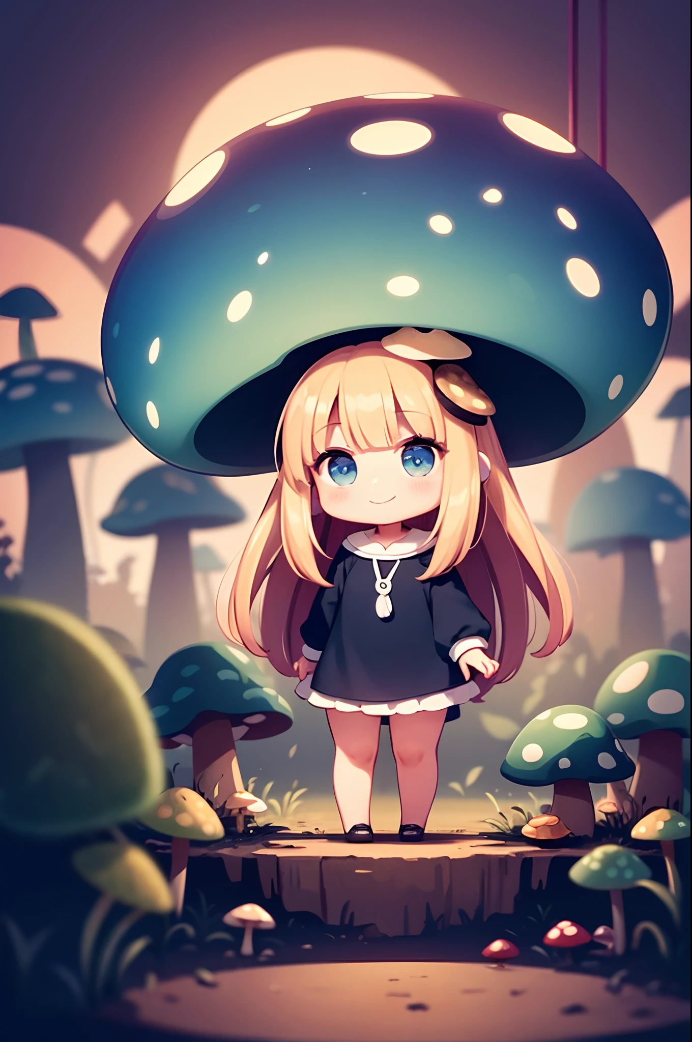 chibi girl, solo, blue eyes, long hair, soft focus, mushroom on head, cinematic lighting, cinematic composition, full body, attractive smile, mushroom forest background