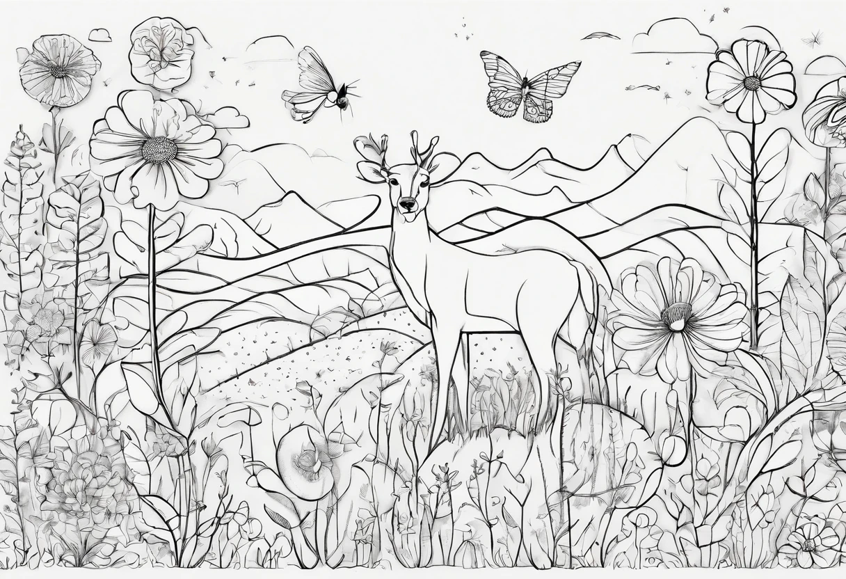 There are photos of various animals in a flower field, line art illustration, ln the forest, Hand drawn illustrations, pattern designs, ln the forest