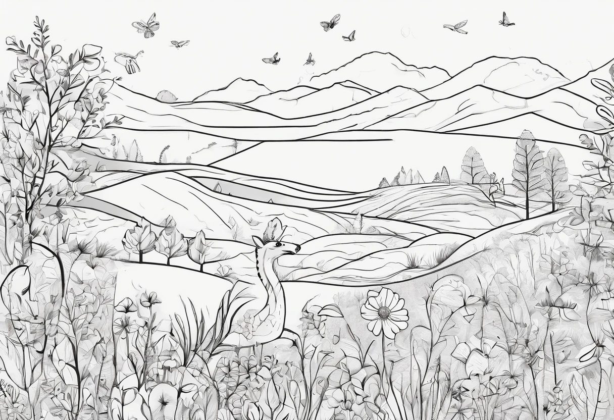 There are photos of various animals in a flower field, line art illustration, ln the forest, Hand drawn illustrations, pattern designs, ln the forest