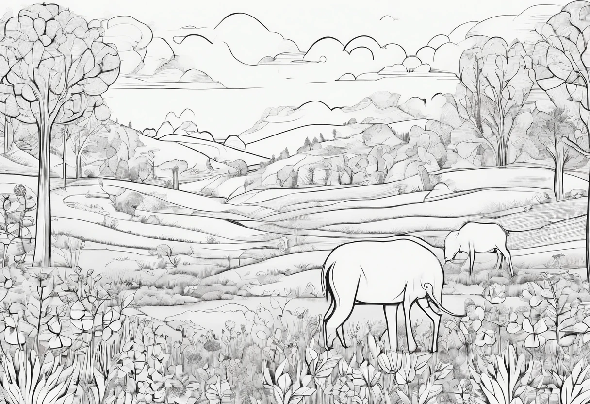 There are photos of various animals in a flower field, line art illustration, ln the forest, Hand drawn illustrations, pattern designs, ln the forest