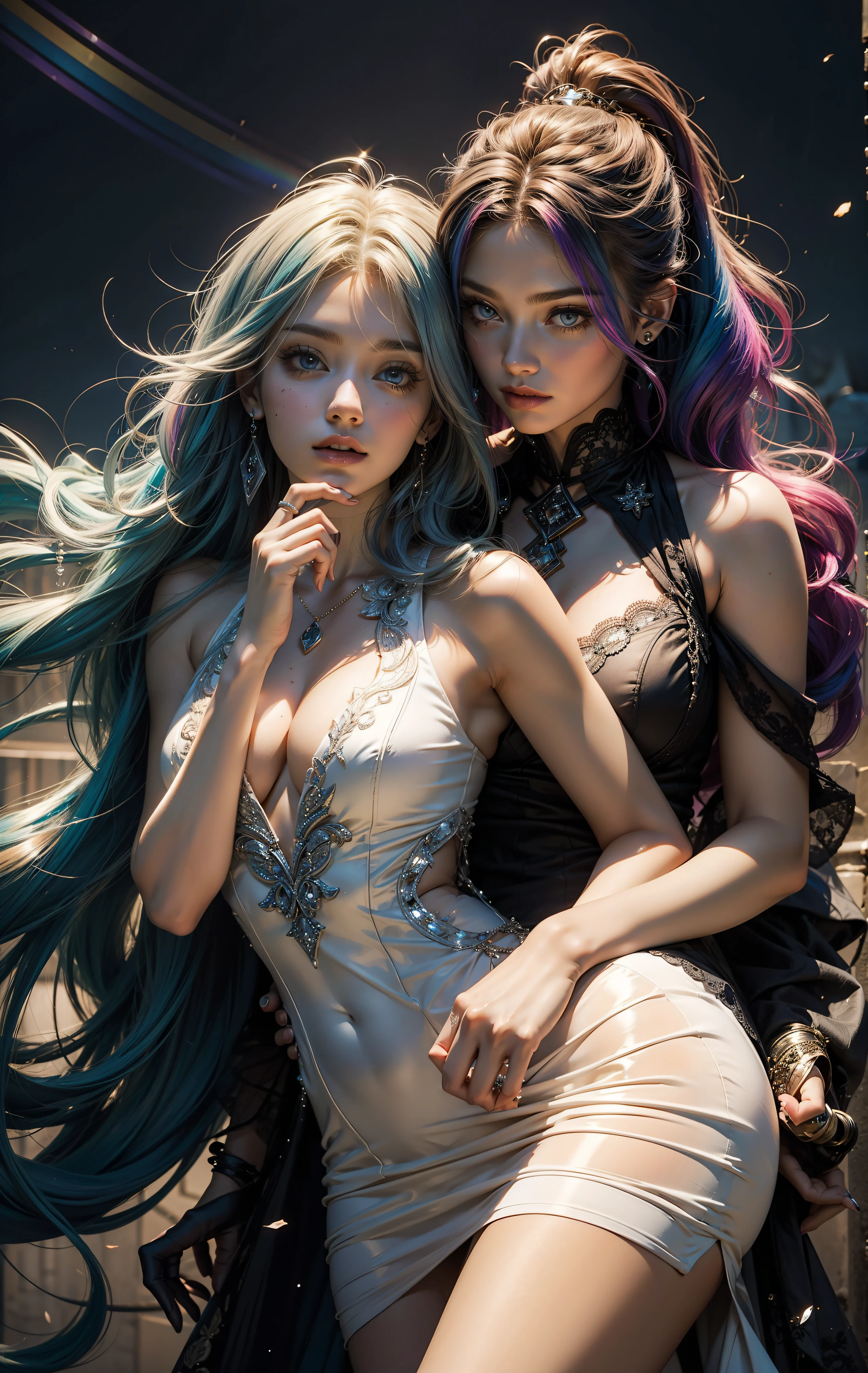Two women with transparent dress and rainbow hair, ((cabelo curto))