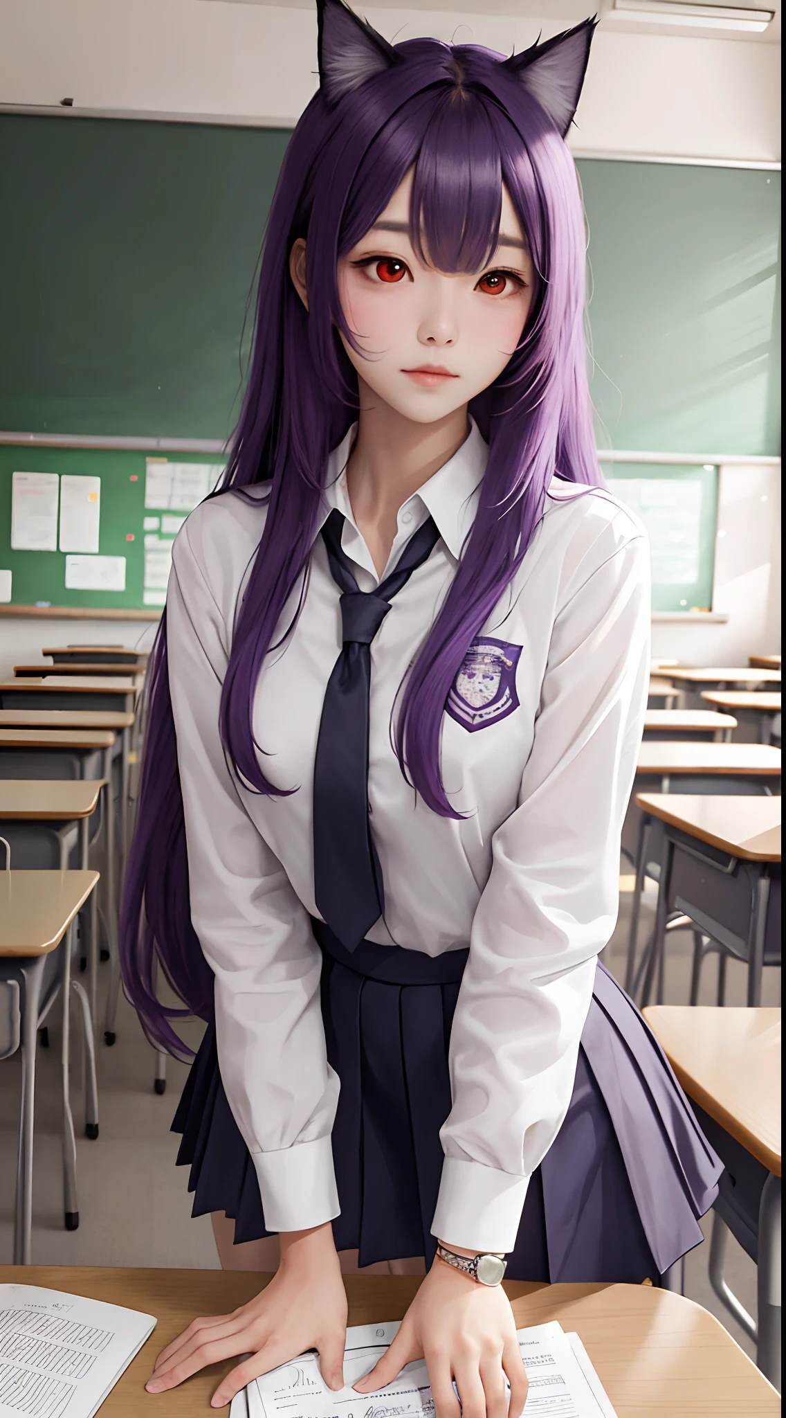 Long Purple hair , fake cat ear, student uniform, red eye, classroom background