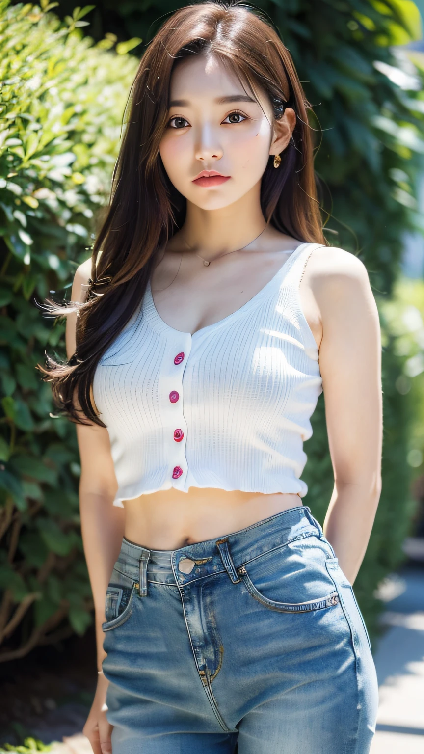 (top-quality、8K、32K、tmasterpiece、NFFSW:1.2)、Photo of a cute Japanese woman、sface focus、looking at viewert、In the background is a fresh green forest((Shallow depth of field，background out of focus)) the golden hour　White beige camisole knitted fabric(Previous button) Colossal tits　(Full body like)、Super-tight denim jeans　18yr old　8 head body　Colossal tits　The average hairstyle of a Japanese idol　Waist Shot　((Don't stick your navel out))