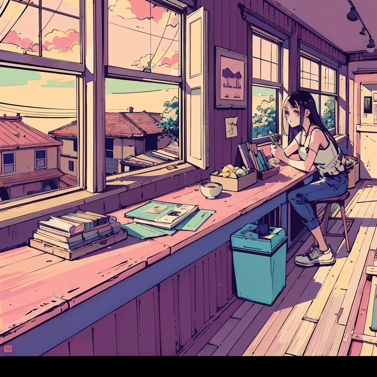 (masutepiece:1.5, Best Quality:1.5), ((Vaporwave Style, partially coloring)), close-up, From  above, Cinematic Angle, (((vanilla))), 1girl in, Solo, Cute smile, (hold a vanilla ice cream), Jewelry Decoration, Long hair, in an ice cream shop, doll mess, decadent life, Sunset outside the window, Street outside the window, Sunset outside the window, Music album covers