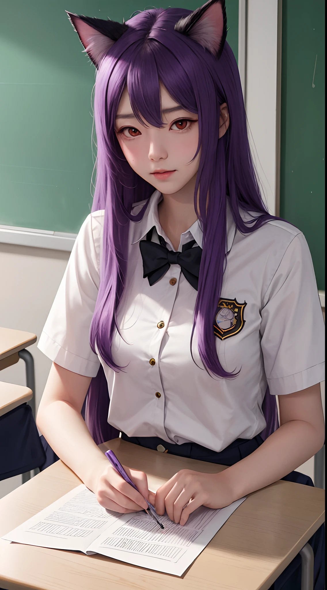 Long Purple hair , fake cat ear, student uniform, red eye, classroom background