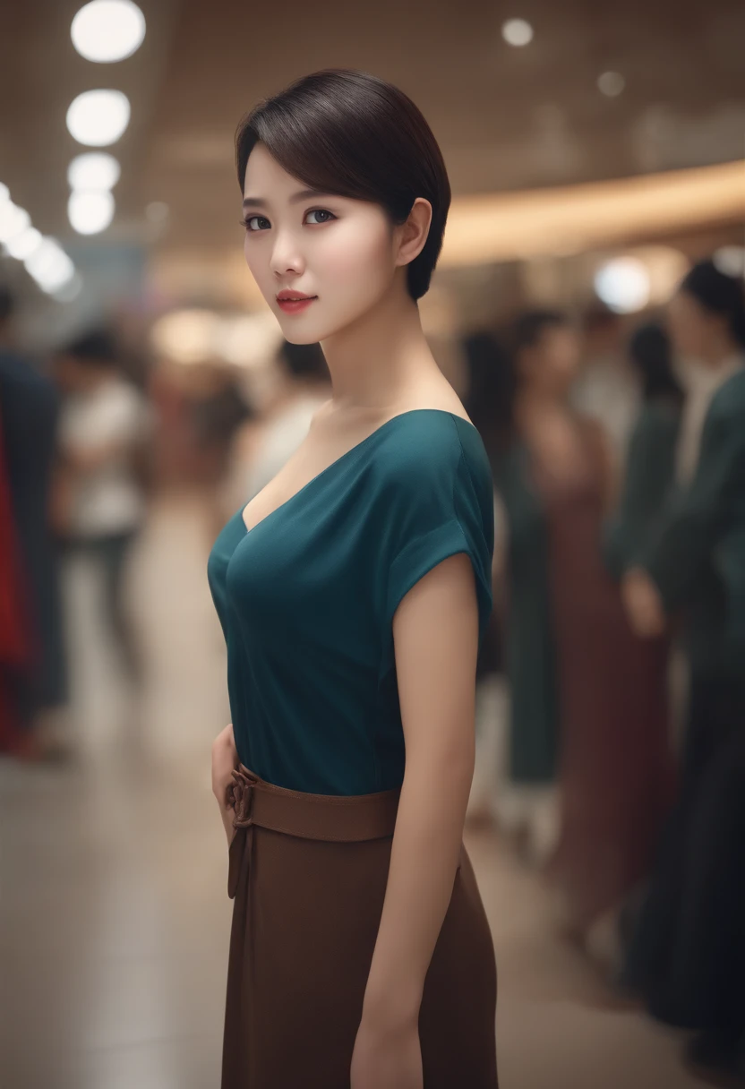 Chinese woman without clothes, at all, Semi-body shot, in a mall, a photorealistic painting inspired by Yanjun Cheng, Trend of CGsociety, Realism, Soft portrait shot 8 K, girl cute-fine face, with short hair, portrait cute-fine-face, Kawaii realistic portrait, Rendu portrait 8k, young cute wan asian face, Realistic. Cheng Yi