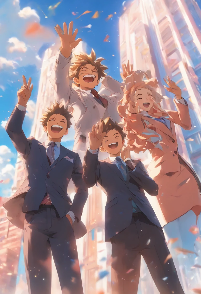 Two men and one woman in suits, celebrating with one hand waving upwards and smiling, behind a blue high-rise building with a blue sky and white clouds in the background,clay, in the style of soft and rounded forms,, magewave, website, bryce 3d, cute cartoonish designs