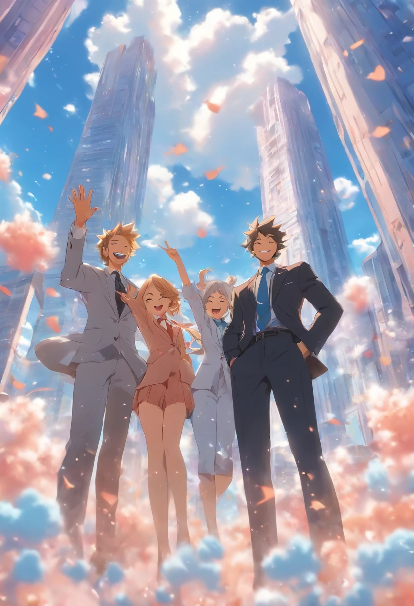 Two men and one woman in suits, celebrating with one hand waving upwards and smiling, behind a blue high-rise building with a blue sky and white clouds in the background,clay, in the style of soft and rounded forms,, magewave, website, bryce 3d, cute cartoonish designs