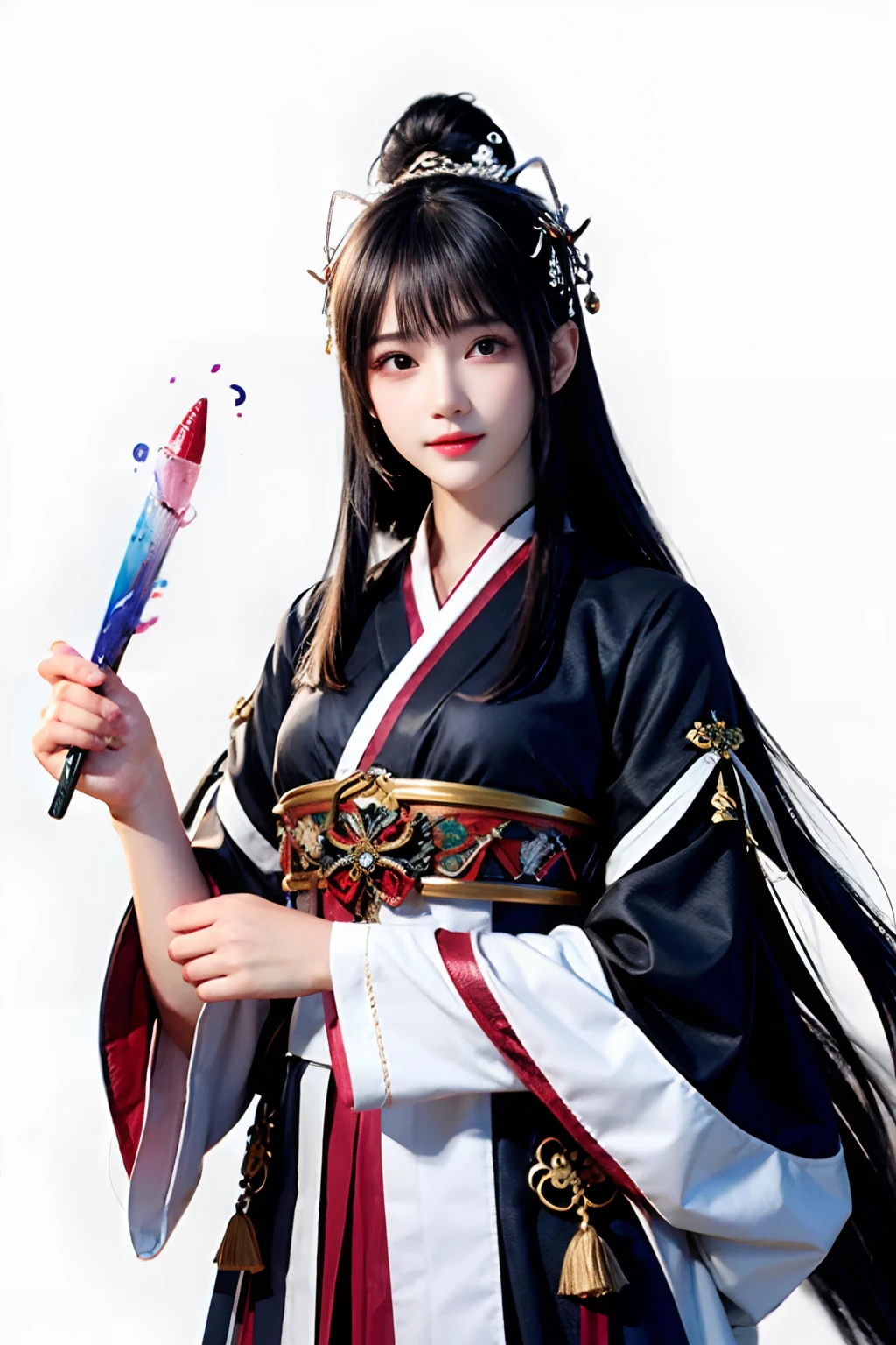 stechu,(white background:1.4), ((tachi-e)), original,(illustration:1.1),(best quality),(masterpiece:1.1),(extremely detailed CG unity 8k wallpaper:1.1), (colorful:0.9),(panorama shot:1.4),(solo:1.2), (ink splashing),(color splashing),((watercolor)), clear sharp focus,{ 1girl standing },((korean style )),flower background,outdoors,rocks, looking at viewer, make happy expressions,soft smile,pure,beautyfull detailed face and eyes,beautyfull intricacy clothing decorative pattern details, black hair,black eyes,colorwater