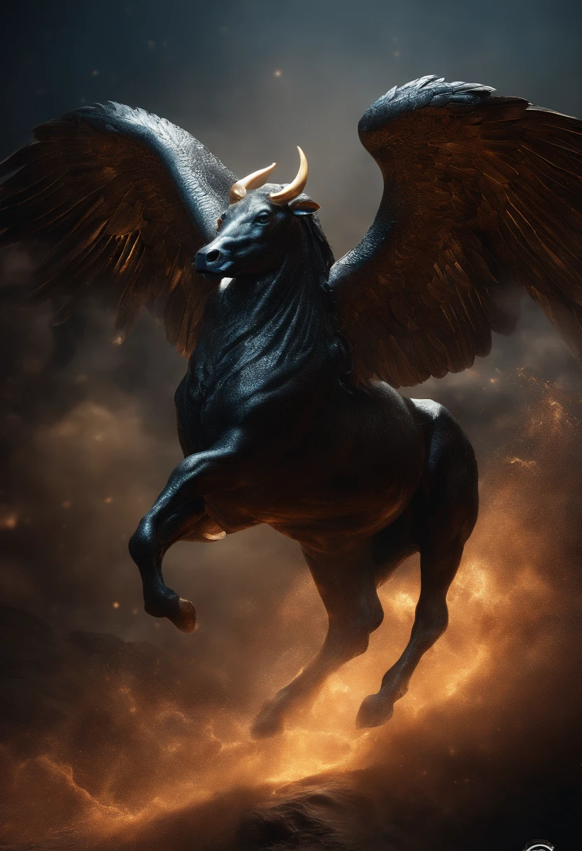 cosmic fallen angel bull, olhos claros brilhantes, Biomechanicals, estranho, assustador, Pesadelo, cores muito brilhantes, light particles, com luz brilhante, Mshiff, Arte do papel de parede, Papel de parede UHD