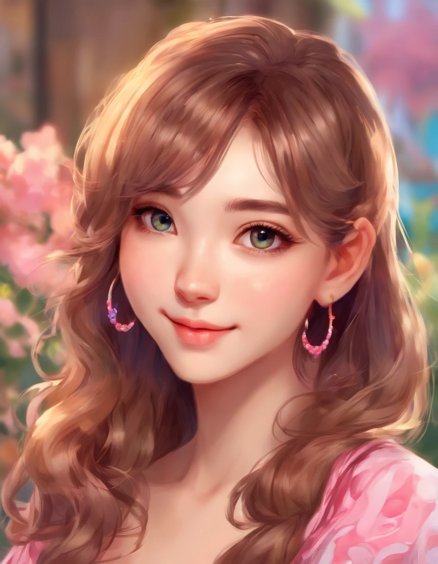a closeup of a Caucasian woman in a pink striped dress posing for a photo, woman has very pretty eyes, wavy brown hair, she is wearing earrings, digital art from a digital painting, elegant and elegant, strapless dress, Art in the style of Guweiz, Loli de dressed, wearing an elegant dress, shy and demure, soft digital painting, in Bowater art style, detailed dress and face, Artgerm. high detail ,anime