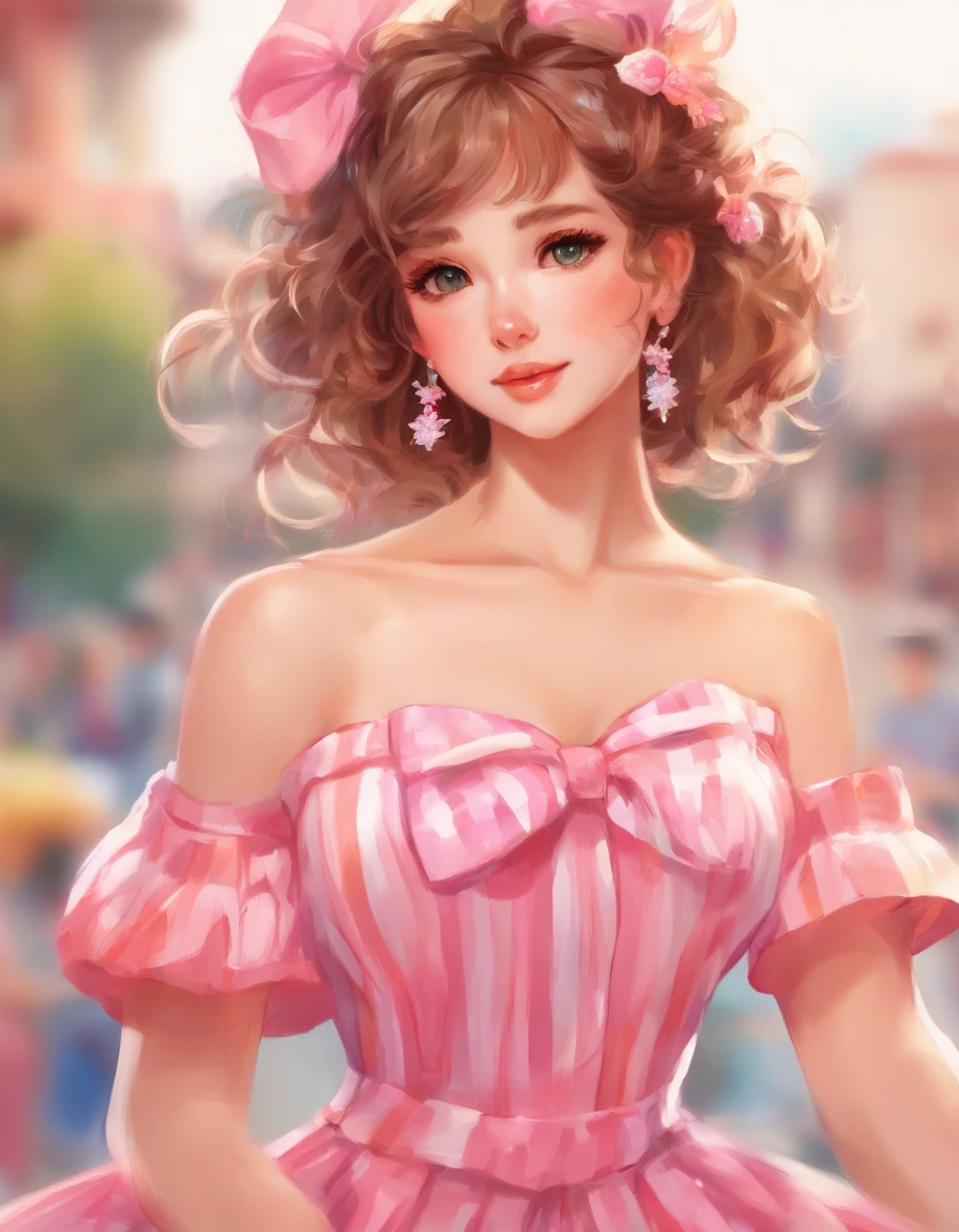 a closeup of a Caucasian woman in a pink striped dress posing for a photo, woman has very pretty eyes, wavy brown hair, she is wearing earrings, digital art from a digital painting, elegant and elegant, strapless dress, Art in the style of Guweiz, Loli de dressed, wearing an elegant dress, shy and demure, soft digital painting, in Bowater art style, detailed dress and face, Artgerm. high detail ,anime