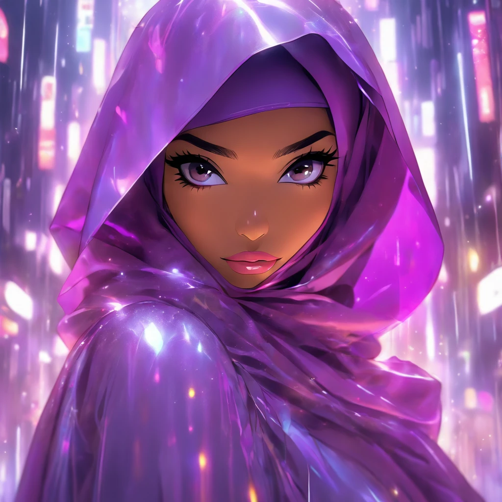 Fashion photography, Malay woman wear hijab, Futuristic, Ethereal, full lips, Detailed, transparent purple plastic rain coat --ar 2:3 --v 5.2