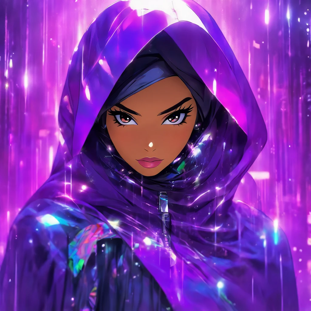 Fashion photography, Malay woman wear hijab, Futuristic, Ethereal, full lips, Detailed, transparent purple plastic rain coat --ar 2:3 --v 5.2