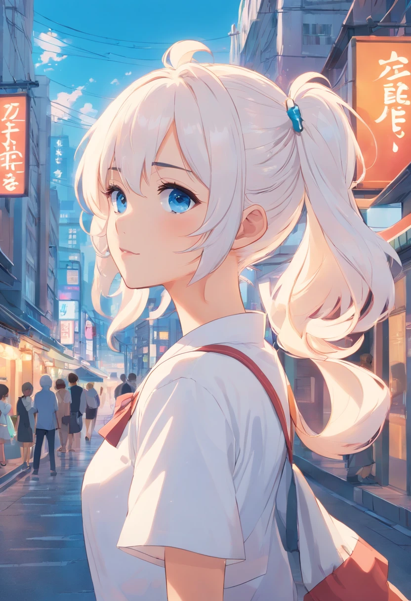 white color hair，Double ponytail curls，blue color eyes，White Lolita，Beth，A bustling city street