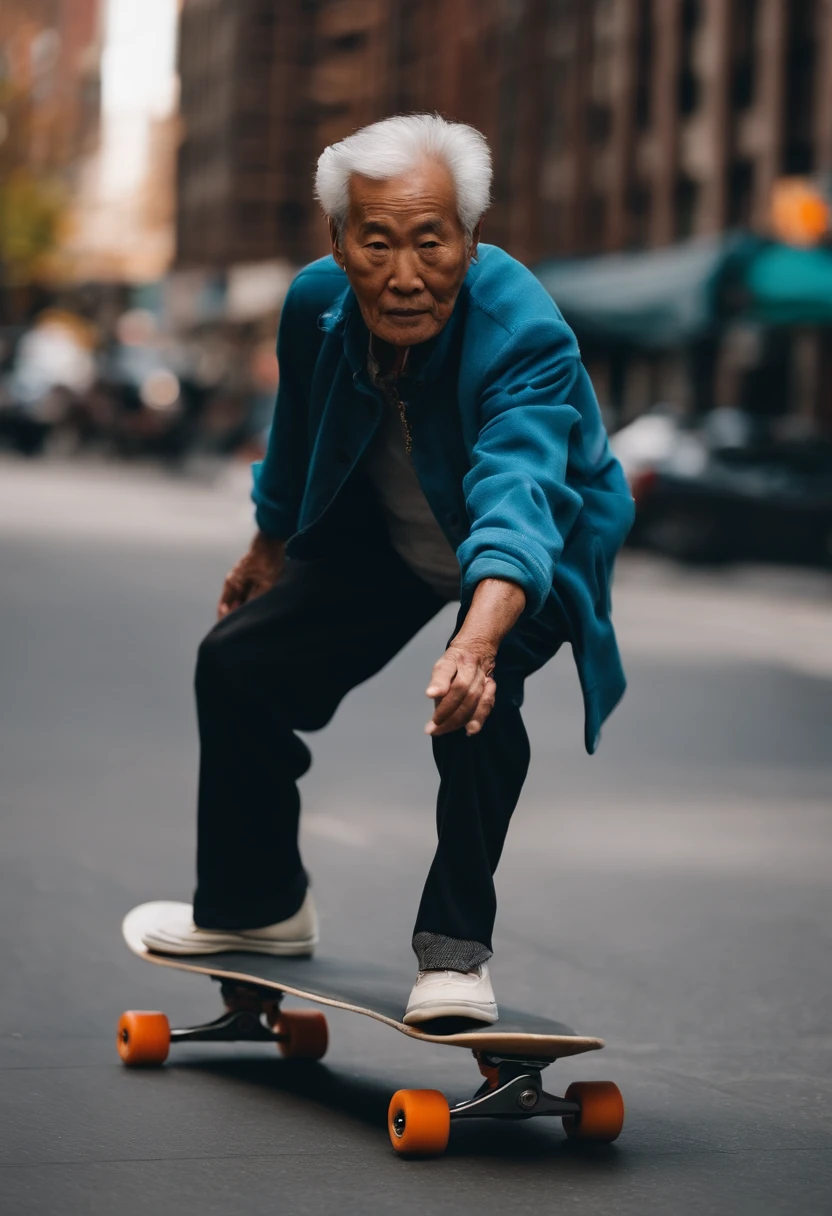 An 80-year-old Chinese man,Skateboarding on the street,The action of leaning over and gliding,Wearing clothes from the 1980s,The streets of New York,Buildings,45 degree viewing angle,The background is blurred out