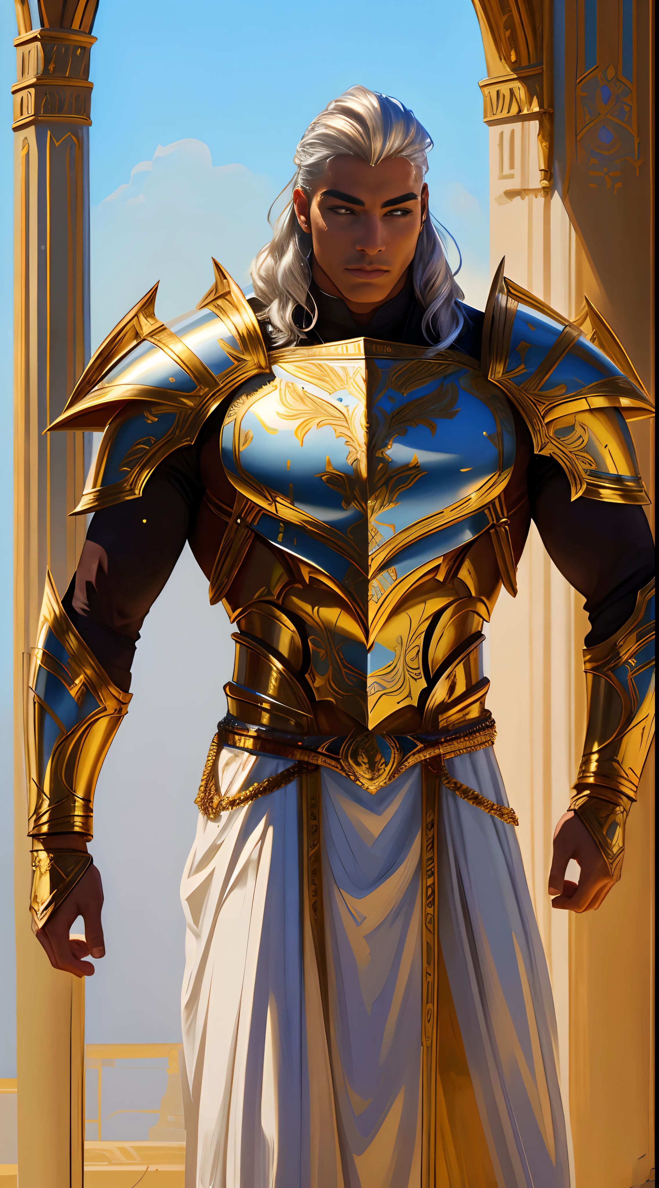 A photorealistic depiction of a (male) formidable warrior adorned in a gleaming suit of white and gold metal armor that exudes strength and opulence. The armor is immaculately polished, with a glossy finish that reflects the surroundings in remarkable detail. Every crease and contour of the armor is visible, showcasing the craftsmanship that went into its creation. The warrior stands with an air of confidence, ready for battle. The camera lens is a 135mm+, capturing the extraordinary level of detail in stunning 64K UHD resolution. The lighting is expertly controlled to emphasize the reflective qualities of the armor, creating a mesmerizing and lifelike image, (((masterpiece))), (high res), (photo realistic:1.4)