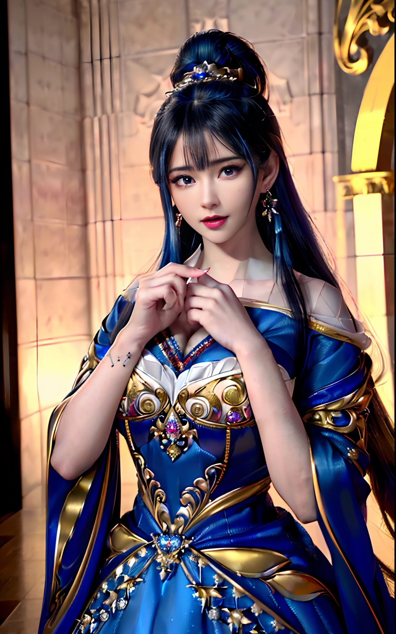 ((realisticity: 1.2)), ((realistic: 8K UHD)), ((best resolution: 8K UHD)), hyper detailed, best quality,masterpiece,highres,cg, ((1 girl hyper detailed and hyper realistic) ) , ((beautiful queen, hyper realistic and hyper detailed)),((white skin, beautiful, smooth, youthful, hyper realistic and hyper detailed )), ((Face hyper beautiful, white, hyper realistic and hyper detailed ) ), long hair, ((hyper realistic and hyper detailed dress)), solo, ((hyper realistic, hyper beautiful, beautiful and hyper detailed jewelry)), ((hyper beautiful deep red and golden yellow dress, hyper realistic and hyper detailed )) , ((Her pretty, hyper realistic, hyper detailed diamond filled earrings)), ((Her gorgeous diamond haircut, hyper realistic and hyper detailed)), ((hyper pretty upper body, hyper beautiful, hyper realistic and hyper detailed) ), ((medium breast: 1.1)), ((hyper realistic, hyper pretty, hyper detailed boobs)), ((the backgroun of the royal palace is hyper majestic, hyper realistic and hyper detailed)),((hands and palms hyper beautiful, hyper detailed, hyper realistic)), ((hyper detailed and hyper realistic fingers and fingernails)), ((hyper pretty fingernails, hyper vivid, hyper detailed, hyper realistic)), ((thumb, index finger, middle finger, ring finger, little finger hyper vivid, hyper pretty, hyper detailed, hyper realistic)),
((hyper beautiful fingers, hyper detailed, and hyper realistic)), ((posture not too fat and not too thin, hyper realistic, hyper detail)), ((hyper pretty, hyper pretty, hyper realistic and hyper detailed hair bun)), ((hyper pretty , hyper realistic and hyper detailed blue hair)), candid, Photo, high resolution, 8k , bokeh,